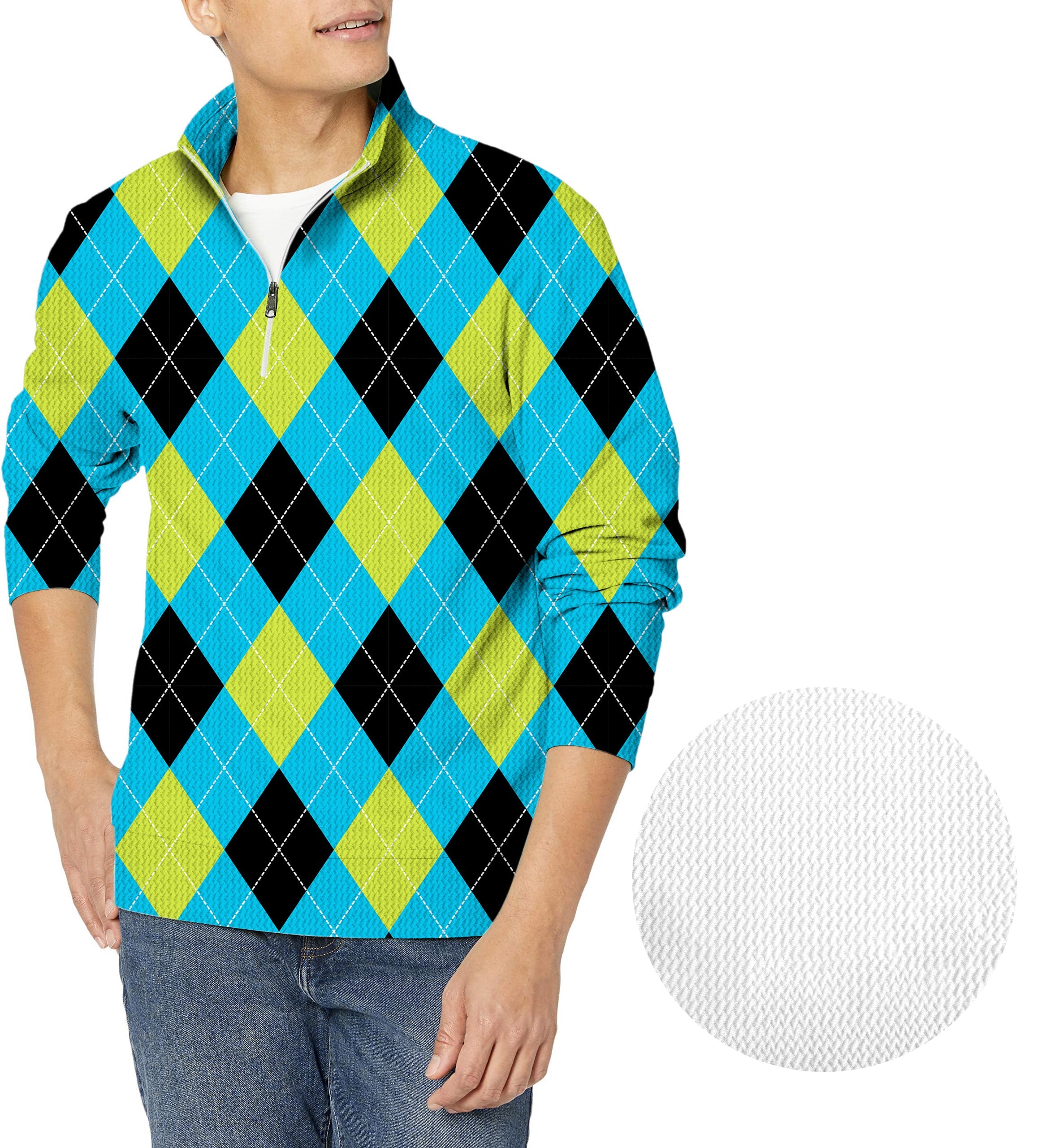 Halloween black green blue white argyle men's golf waffle zipper pullover sweater