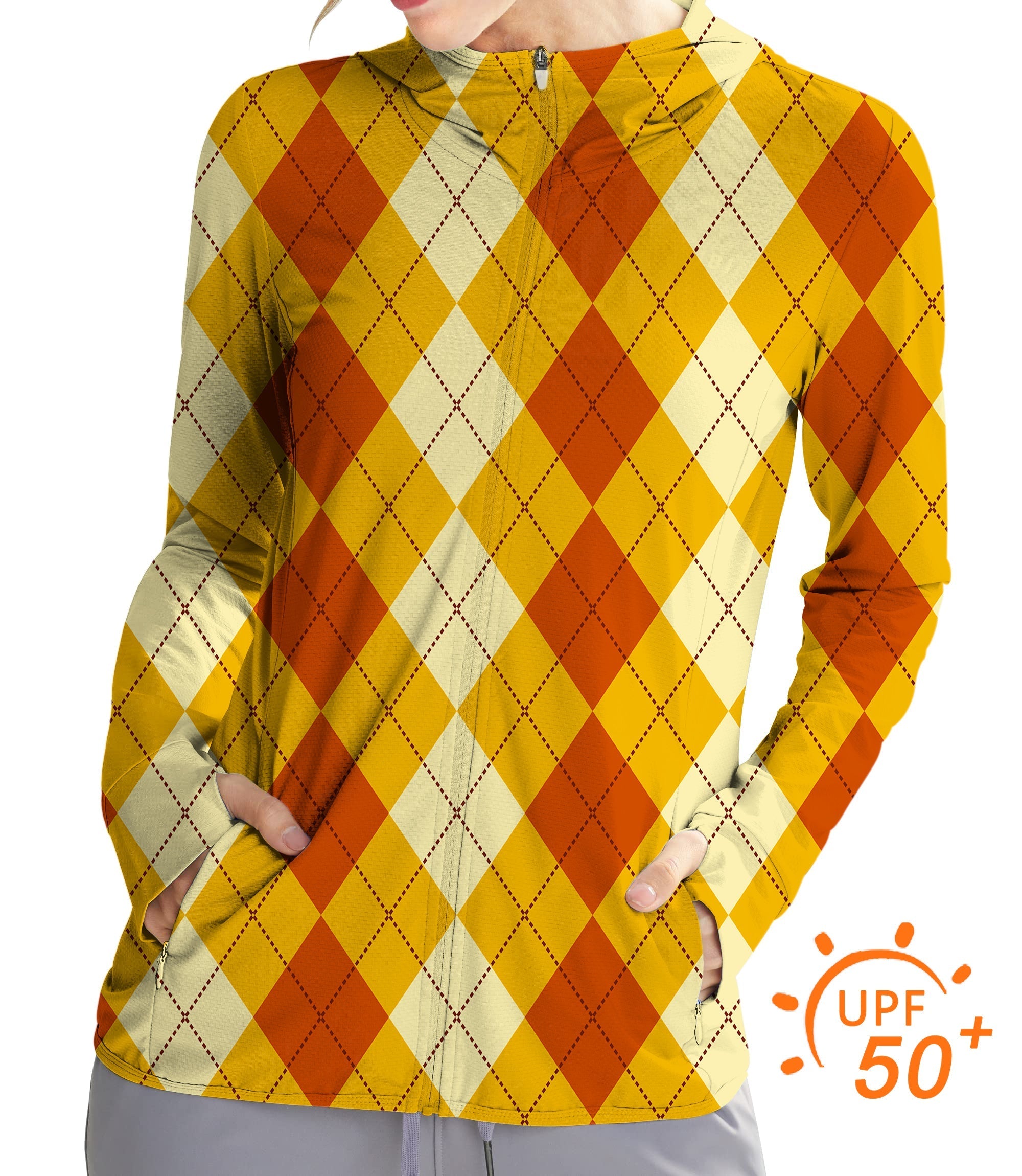 Women's outdoor Halloween light yellow red argyle golf sun protection slim fit zip hoodie with UPF 50+ and thumb holes