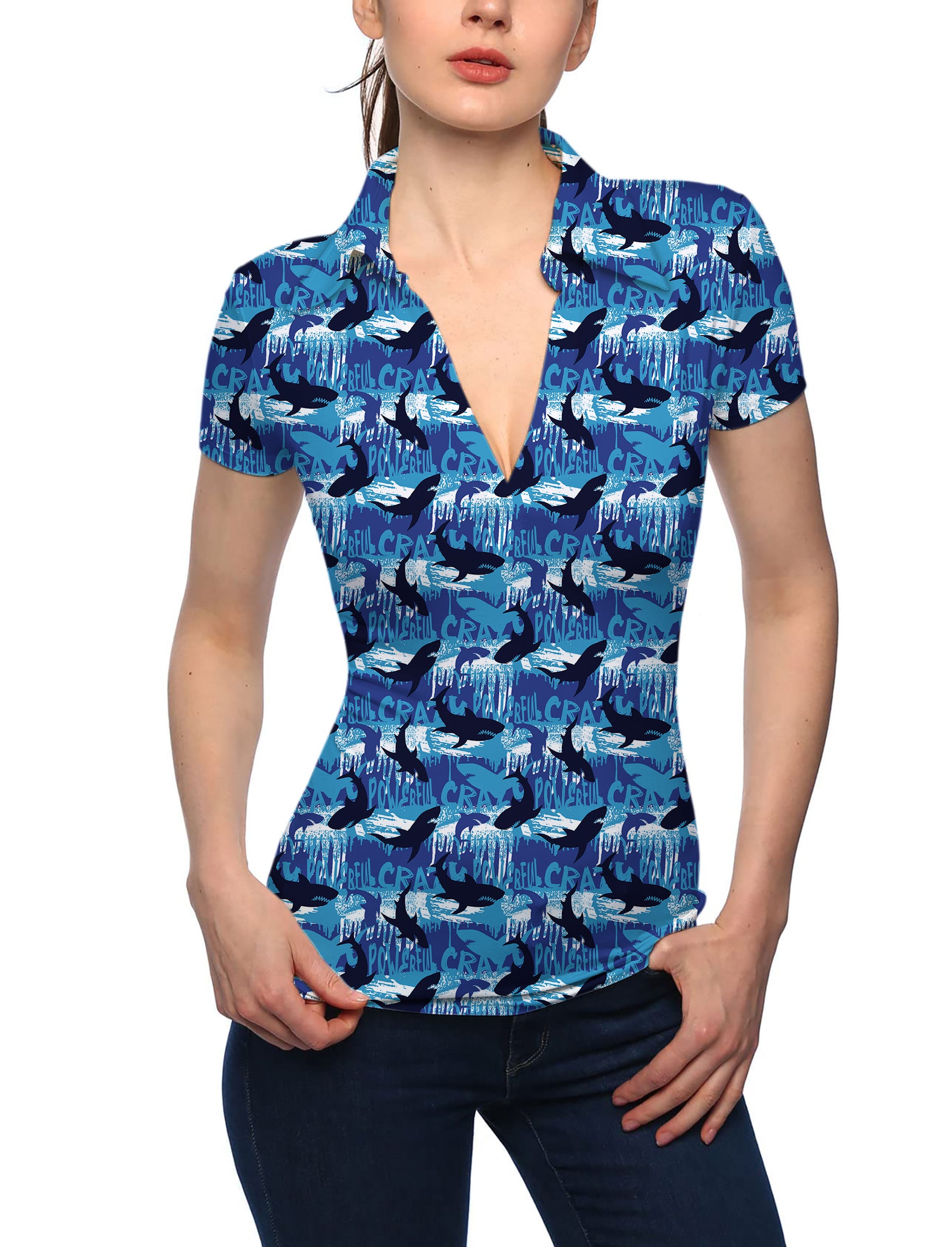 Women's blue shark V Neck Golf Polo