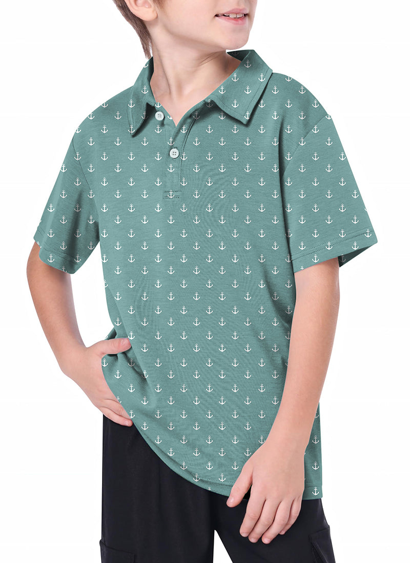 Youth green blue anchor golf polo shirt with short sleeves and collar worn by child