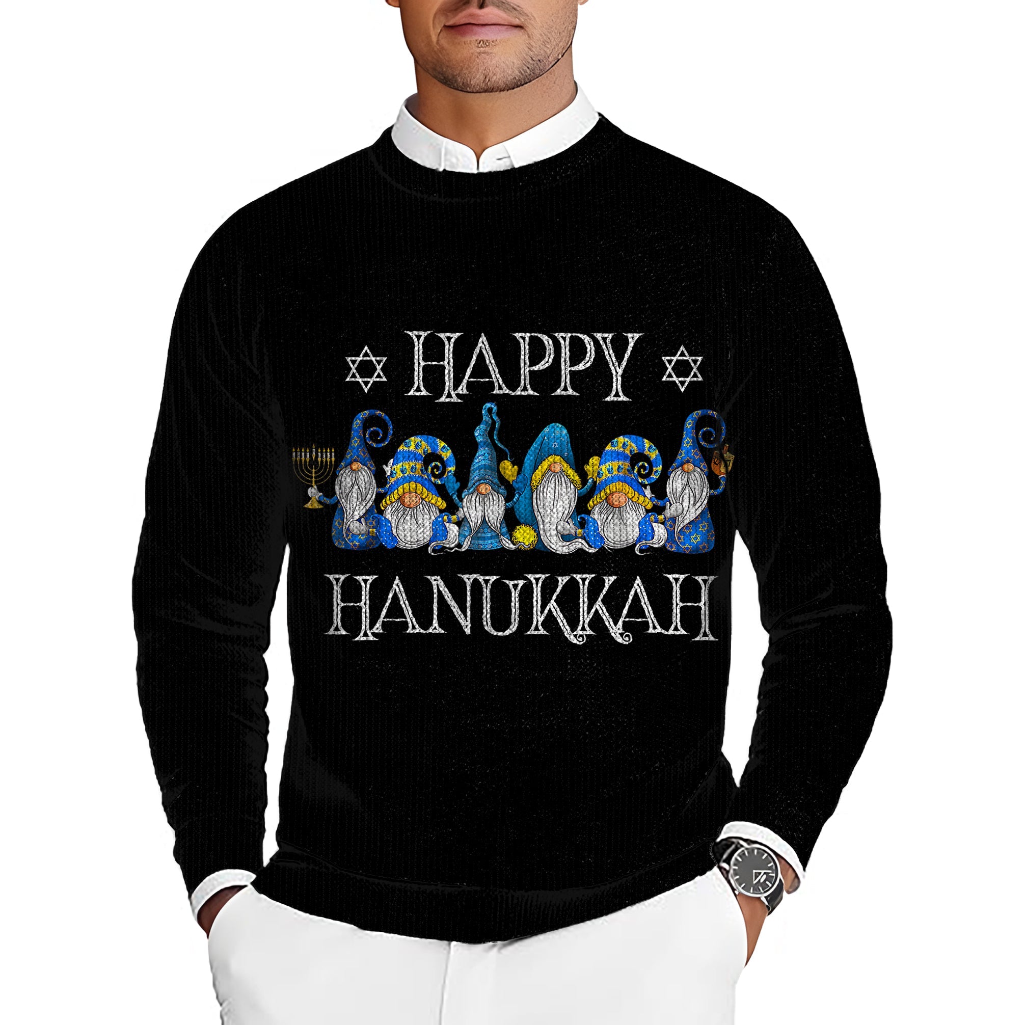 Men's black Happy Hanukkah golf crewneck pullover ugly sweater with festive gnome design