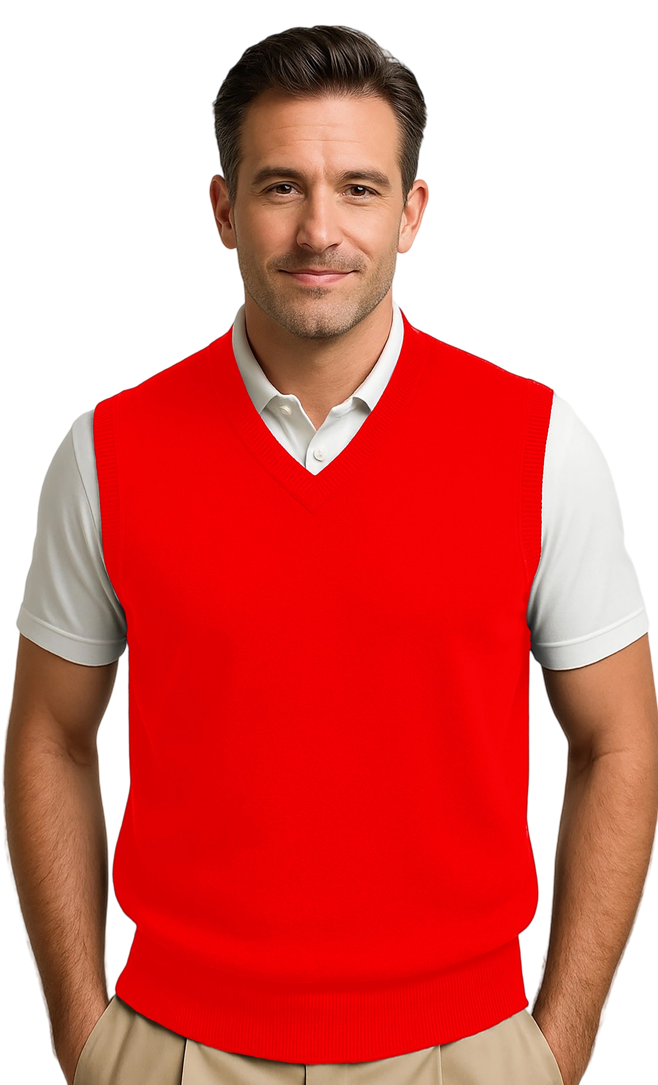 Men's red argyle wool sweater vest, lightweight and breathable comfort fit
