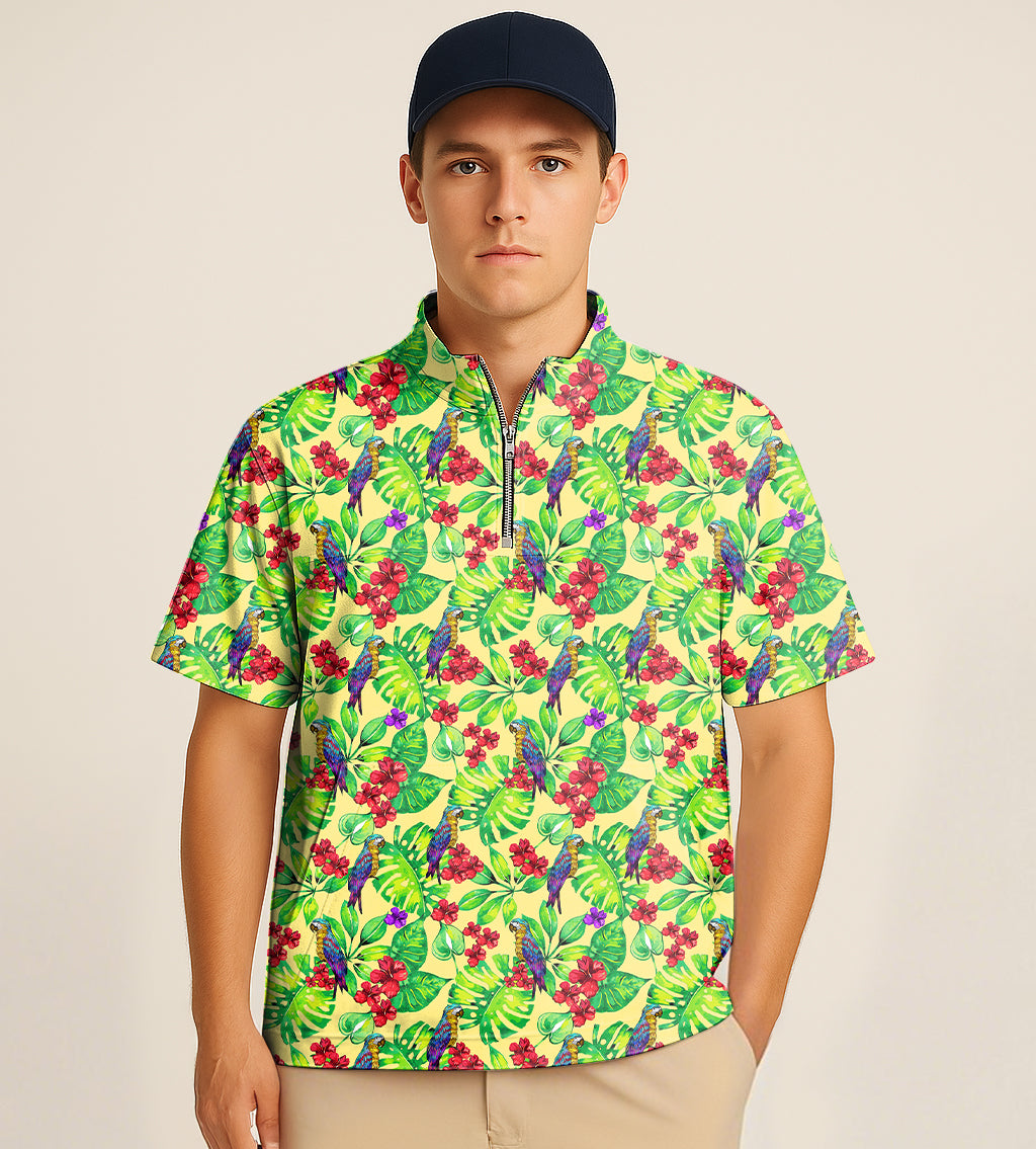 Half zipper turtleneck golf shirt with palm leaf and toucan embroidery, short sleeves and tropical design