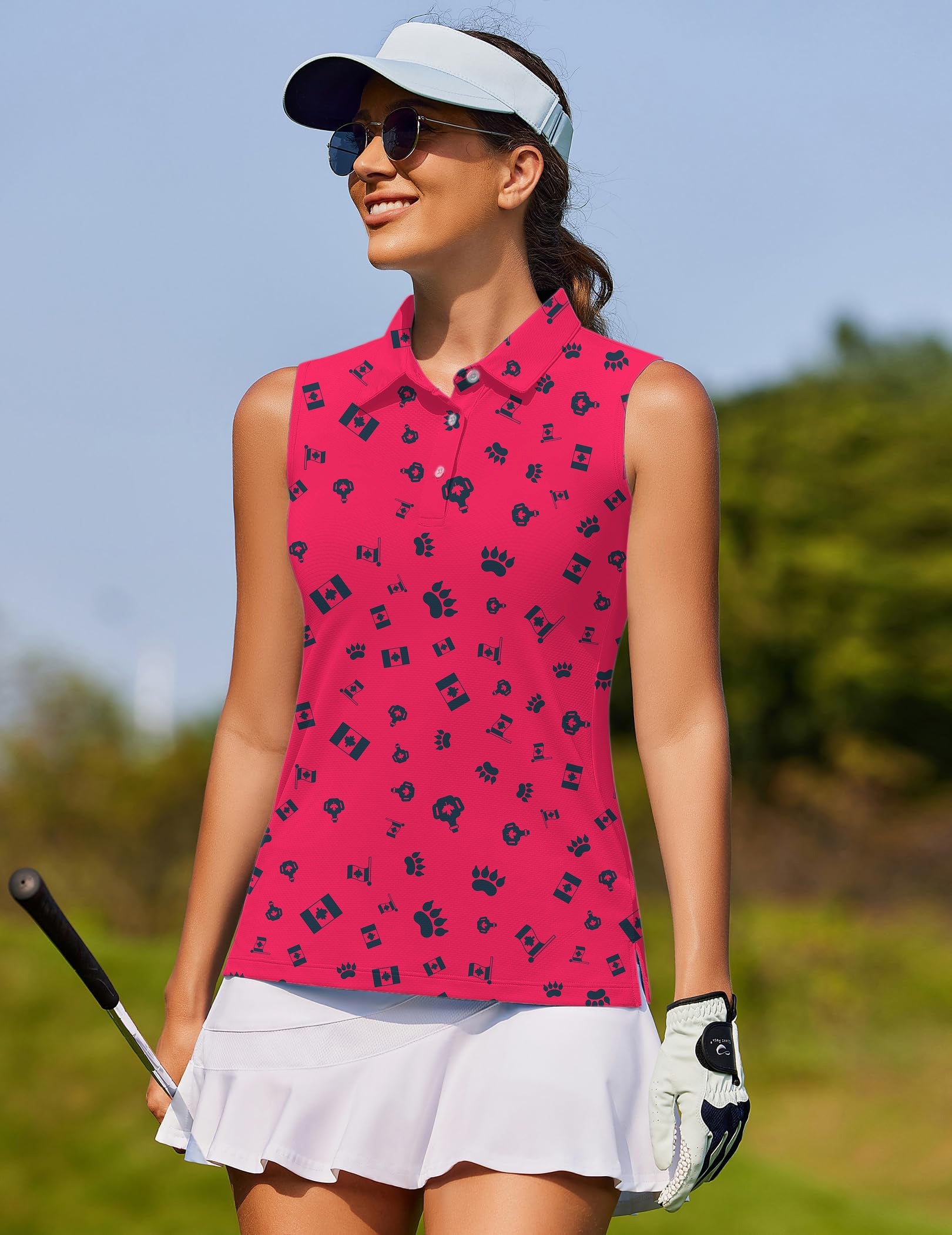 Woman wearing Canadian Flag Paw women's sleeveless golf shirt with white skirt and visor on golf course