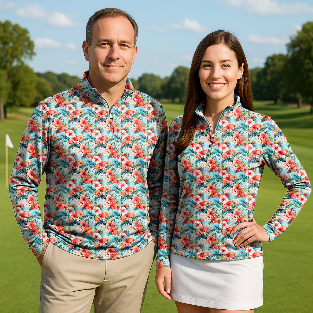 Couple wearing Hawaiian flowers couple golf 3/4 zip long sleeve tops on golf course
