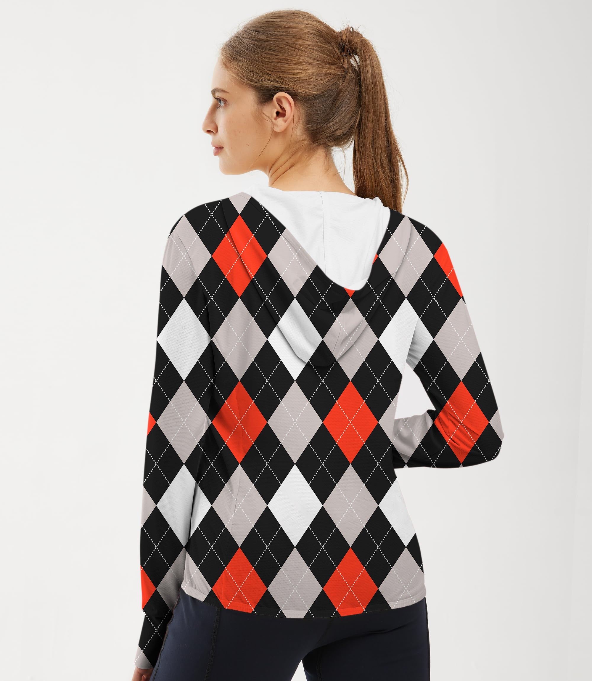 Women’s outdoor argyle red black golf sun protection slim fit zip hoodie with lightweight, breathable, UPF 50+ fabric