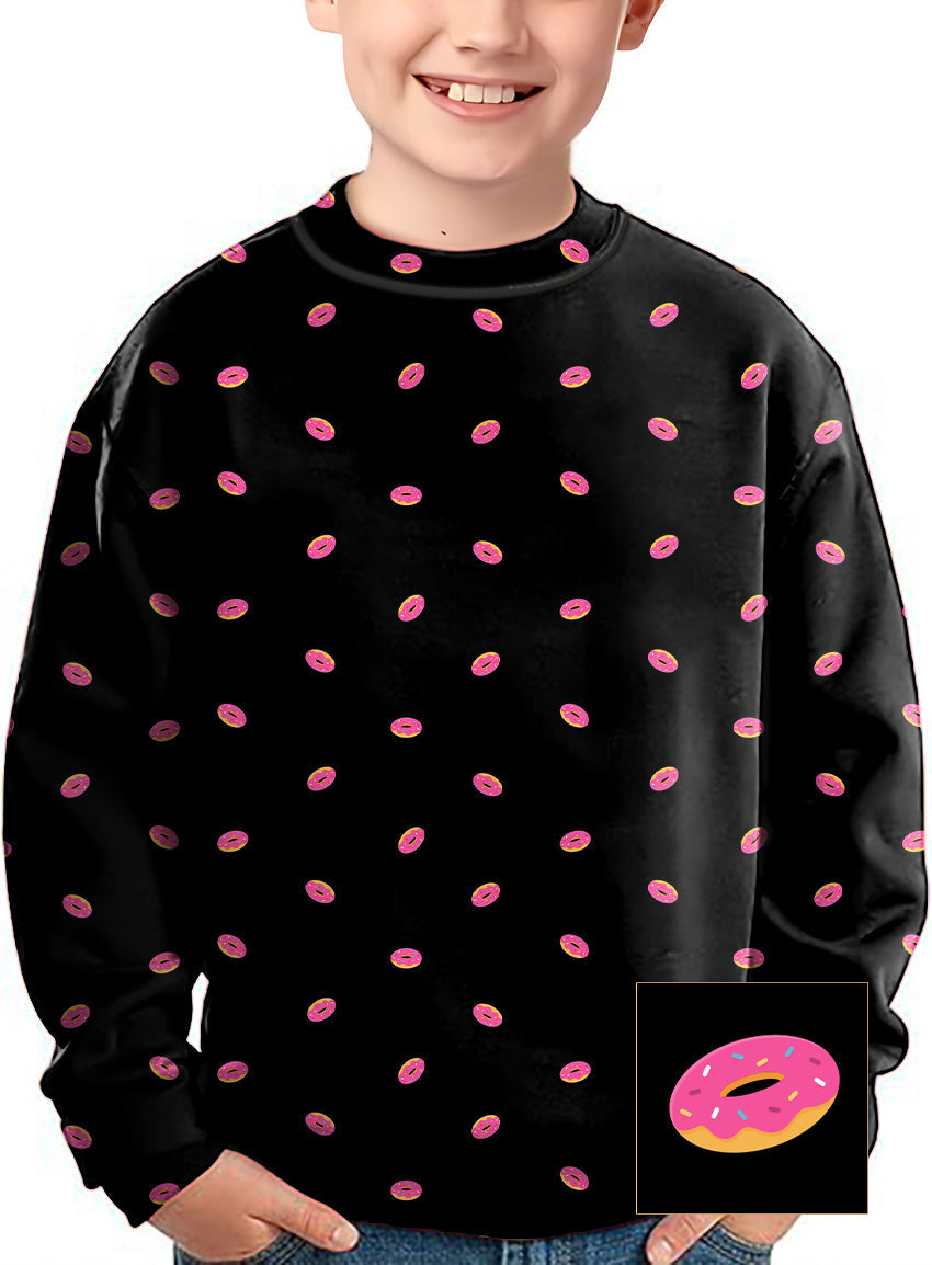 Kid wearing black crewneck pullover with custom pink donut pattern and customizable background color