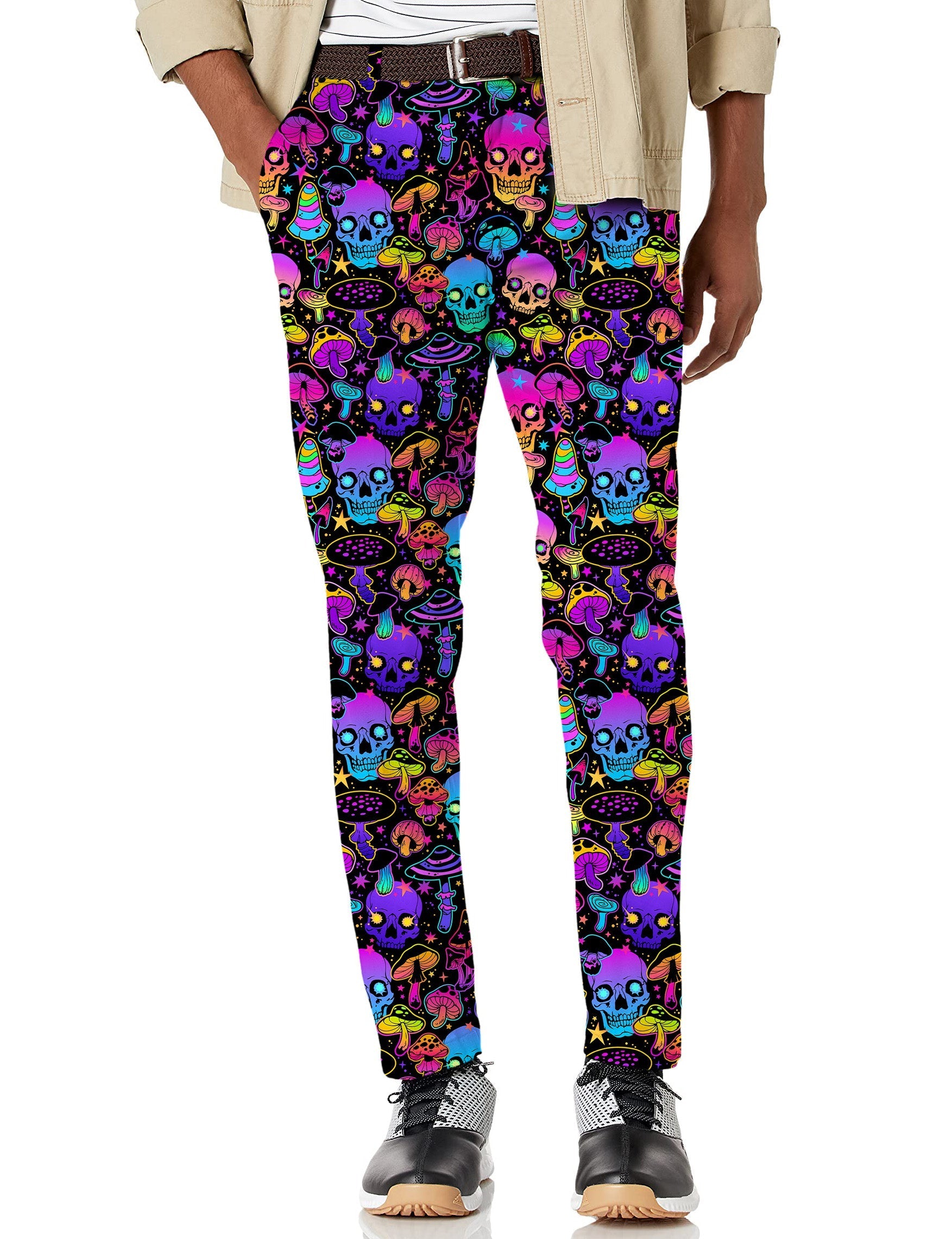 Men's golf club stretch pants with colorful skull and mushroom pattern, lightweight and moisture-wicking fabric for performance and comfort