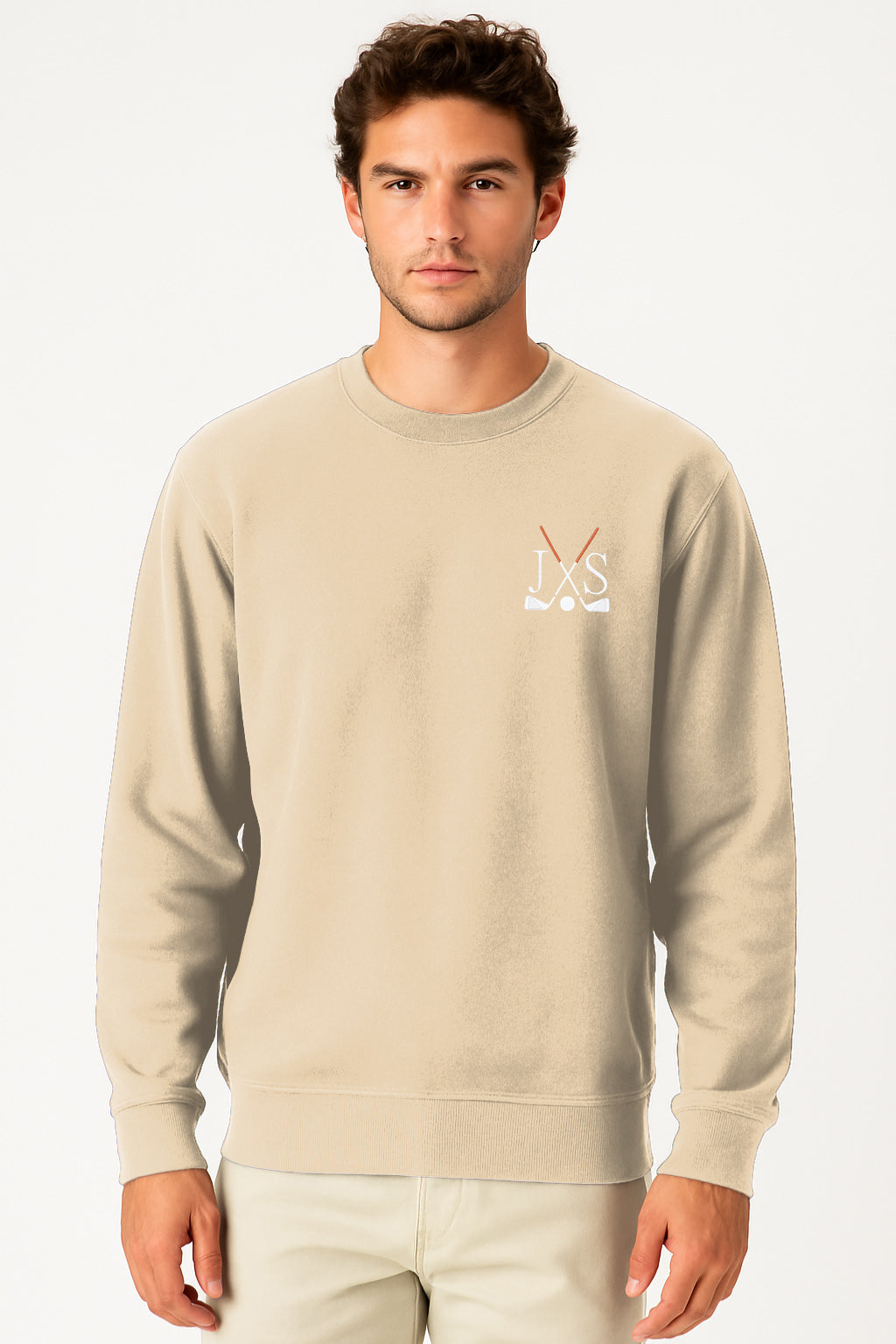 Embroidery solid color khaki men's crew neck sweatshirt with rib knit cuffs and front pouch pocket