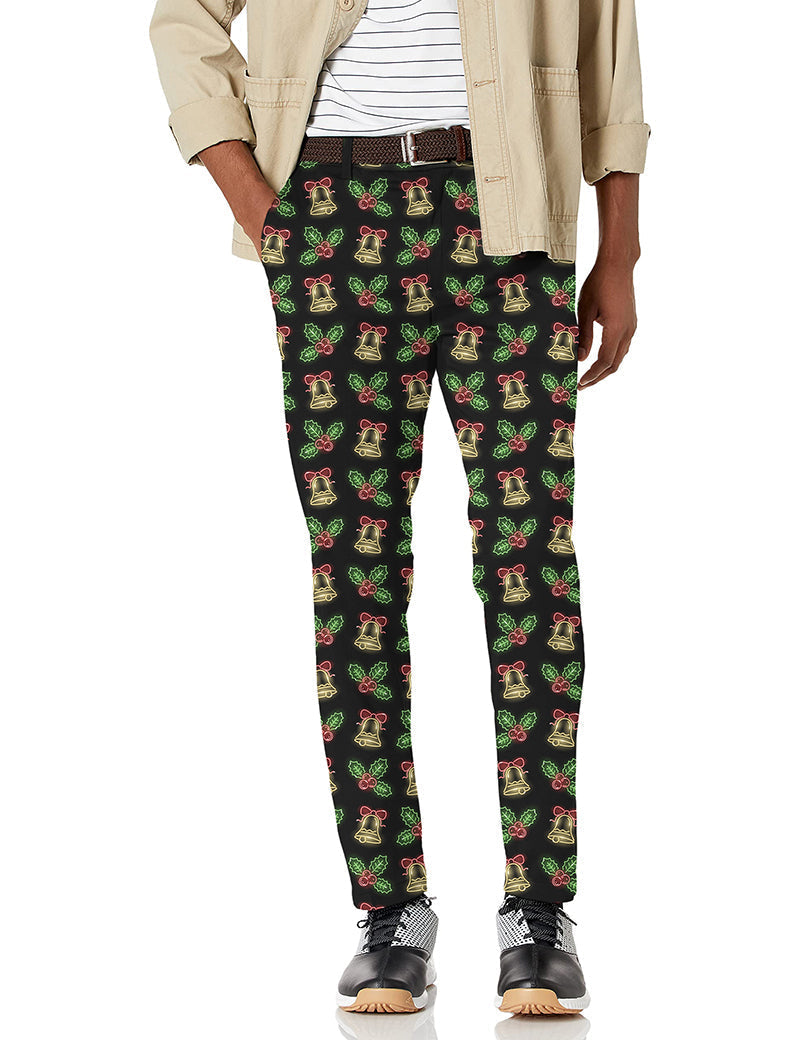 Men's Christmas neon lights stretch golf pants with festive bell and holly pattern, lightweight and moisture-wicking fabric