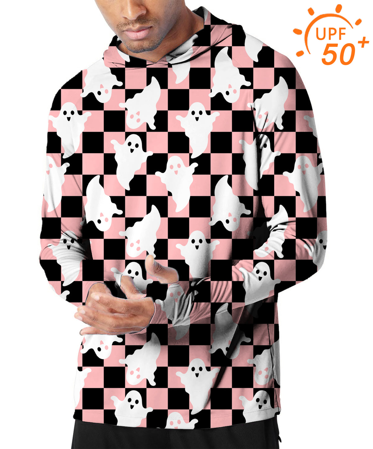 Men's Outdoor Halloween Black and White Checkerboard Ghost Golf Sun Protection Loose Fit hoodies