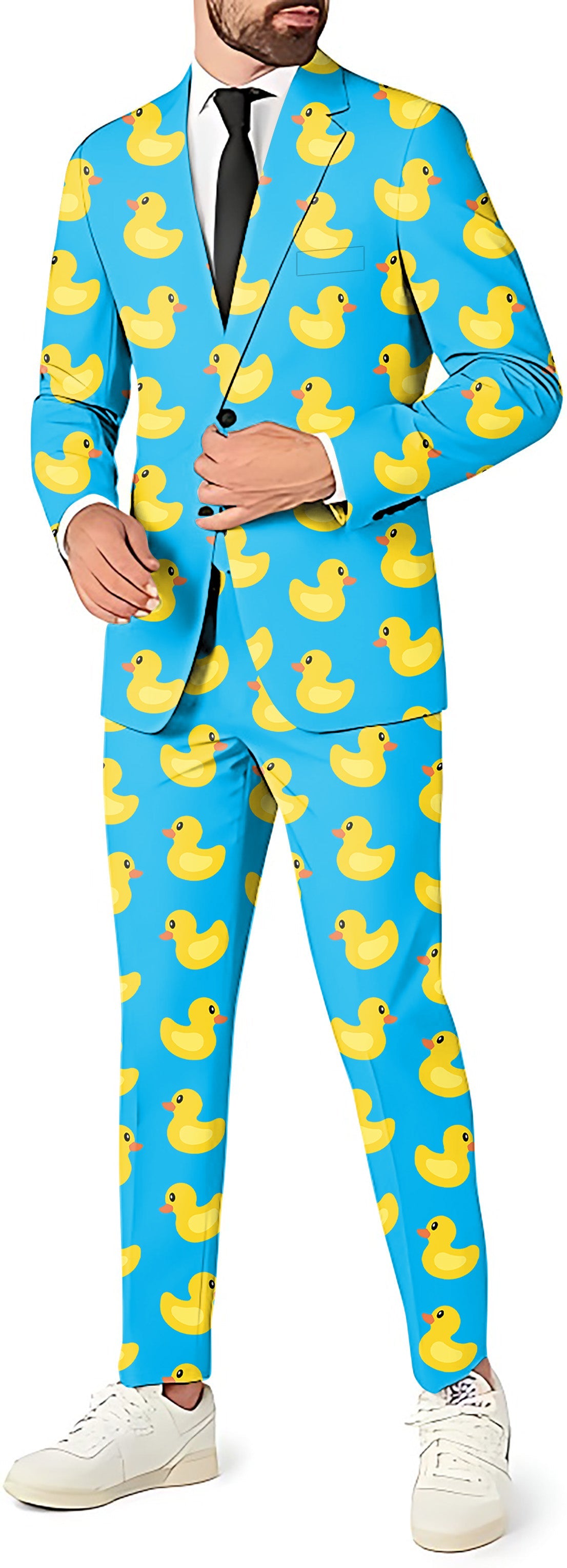 Men's yellow duck print party suit with blazer, pants, and vest