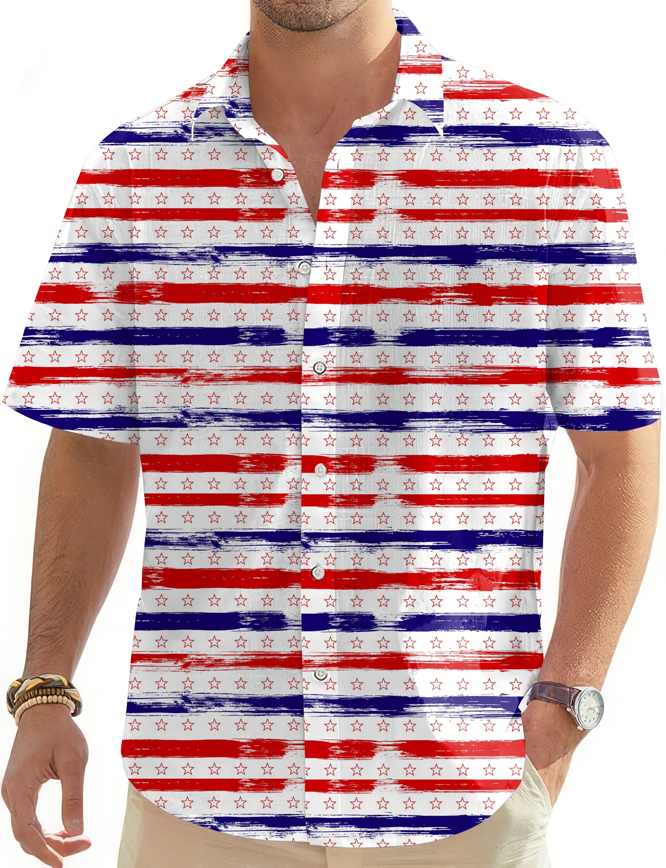 Men's Stars & Stripes Hawaiian golf shirt with button-down front and short sleeves