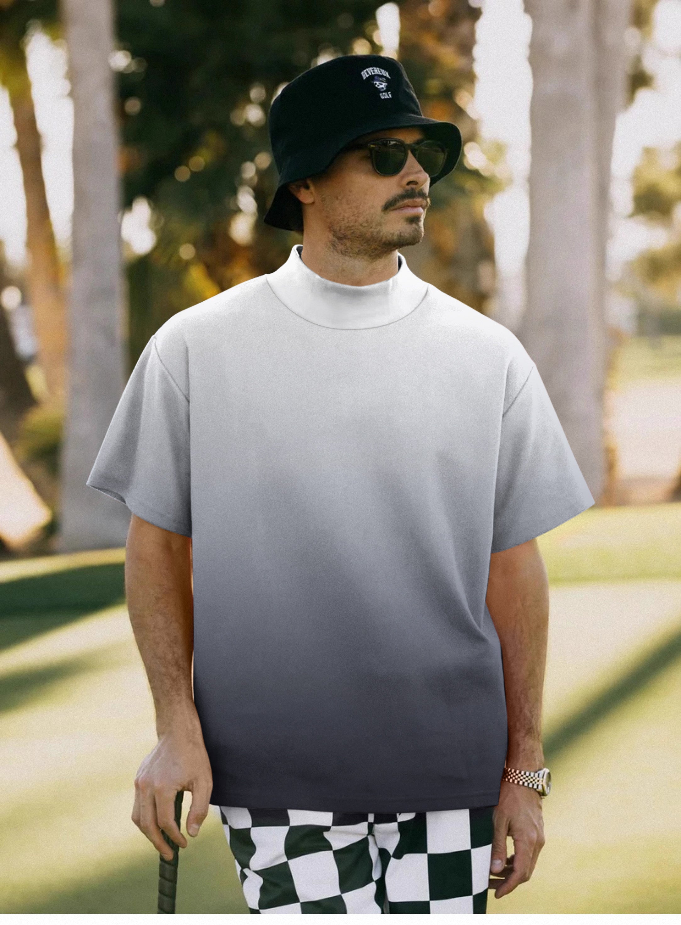 Men's Black And White Gradient Mock Neck Long/Short Sleeve Golf Tops