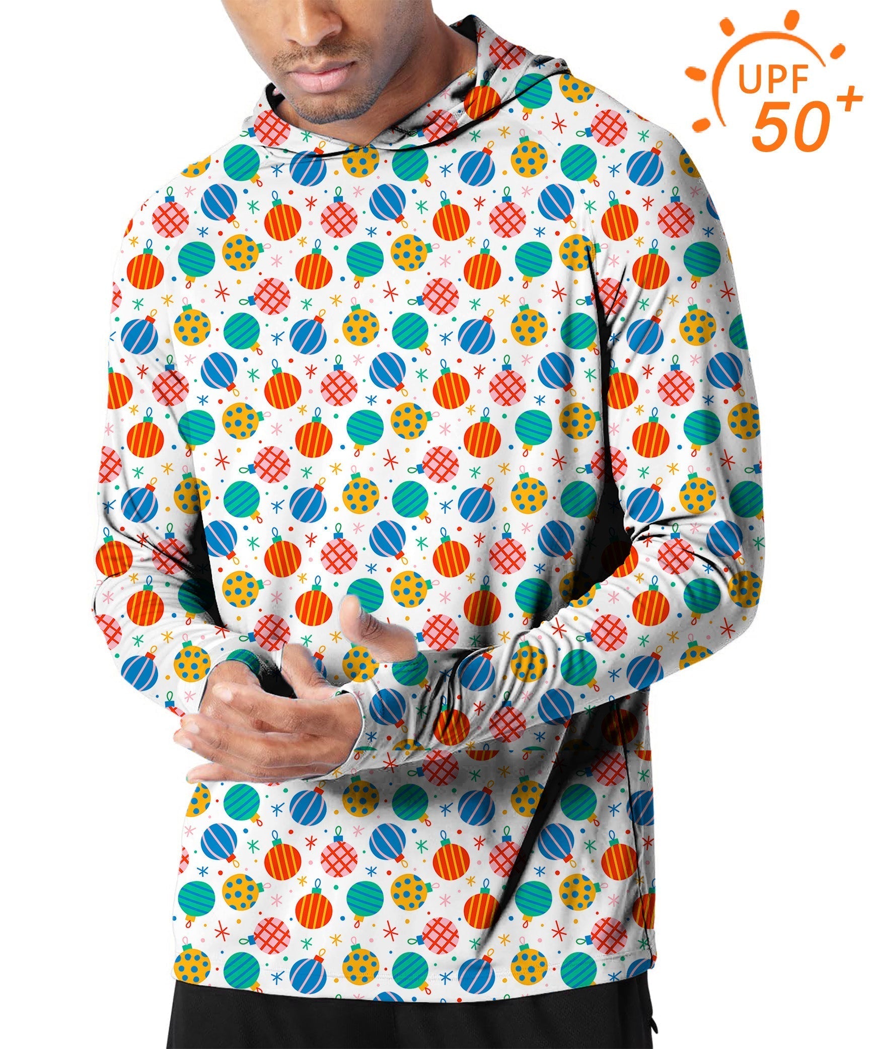 Men's slim fit outdoor Christmas decoration hoodie with UPF 50+ sun protection and thumb holes