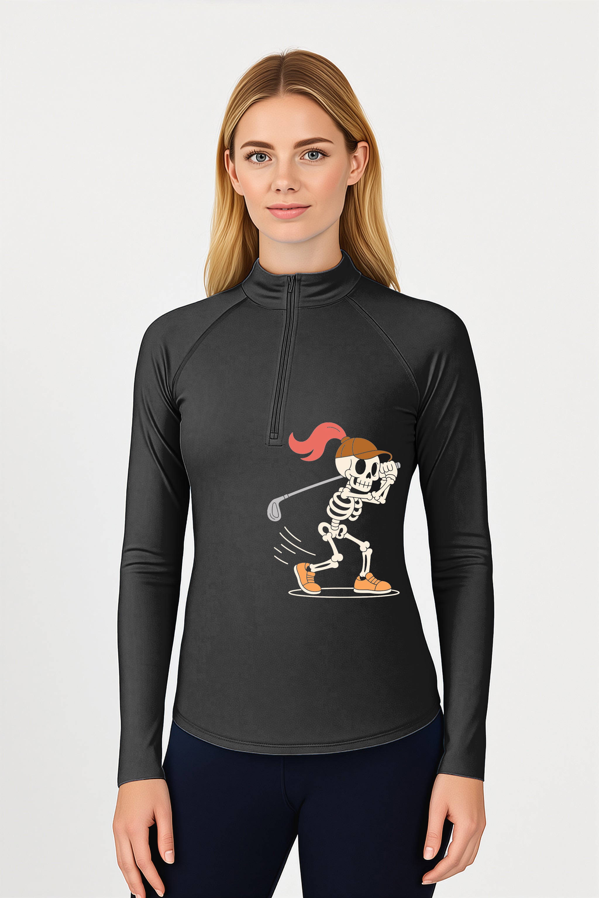 Pumpkin Black Halloween Skeleton Golf Women's Golf Active 3/4 Zip Top Long Sleeves