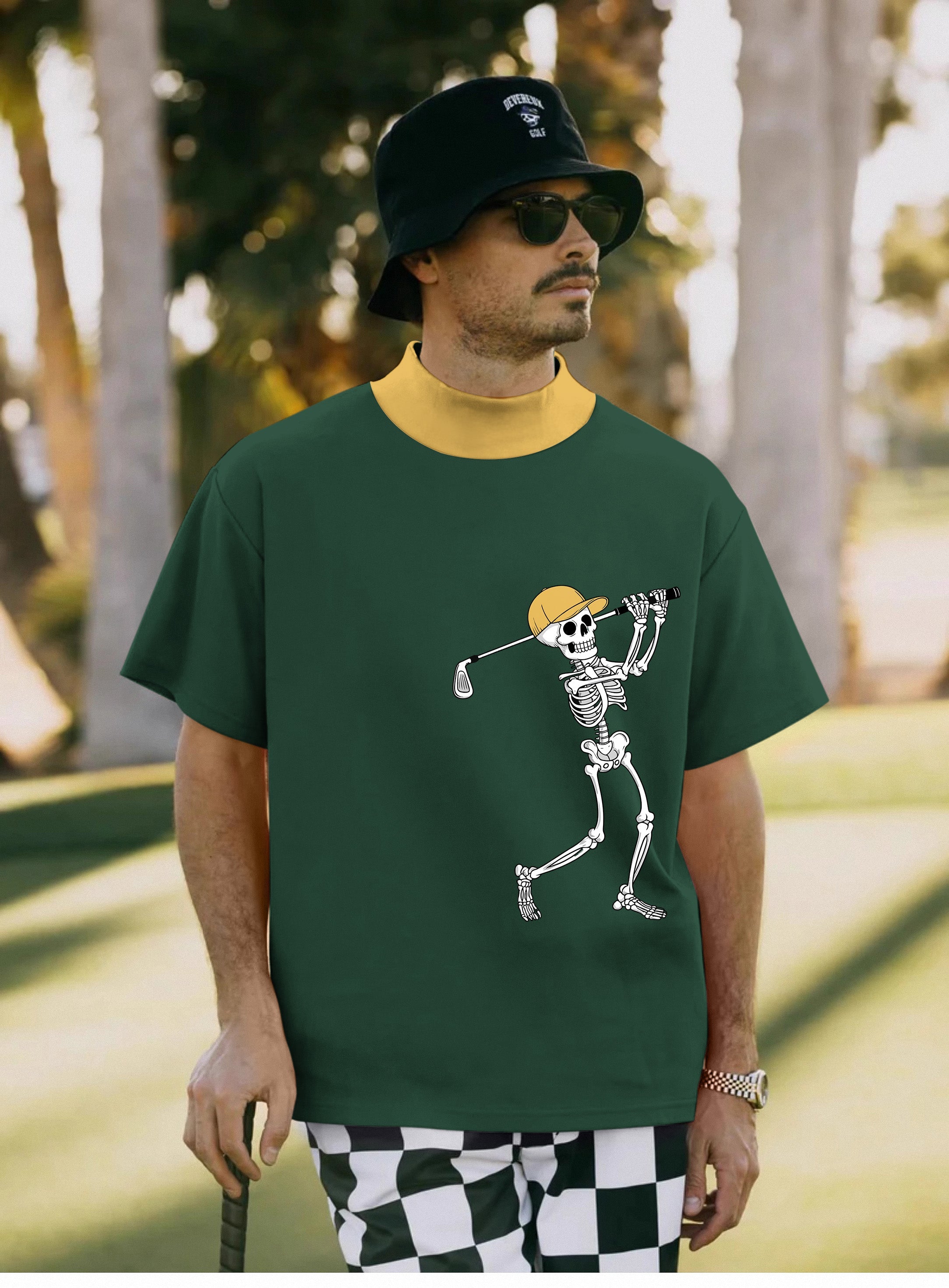 Men's yellow green Halloween skeleton golf pullover with short sleeves and high neck