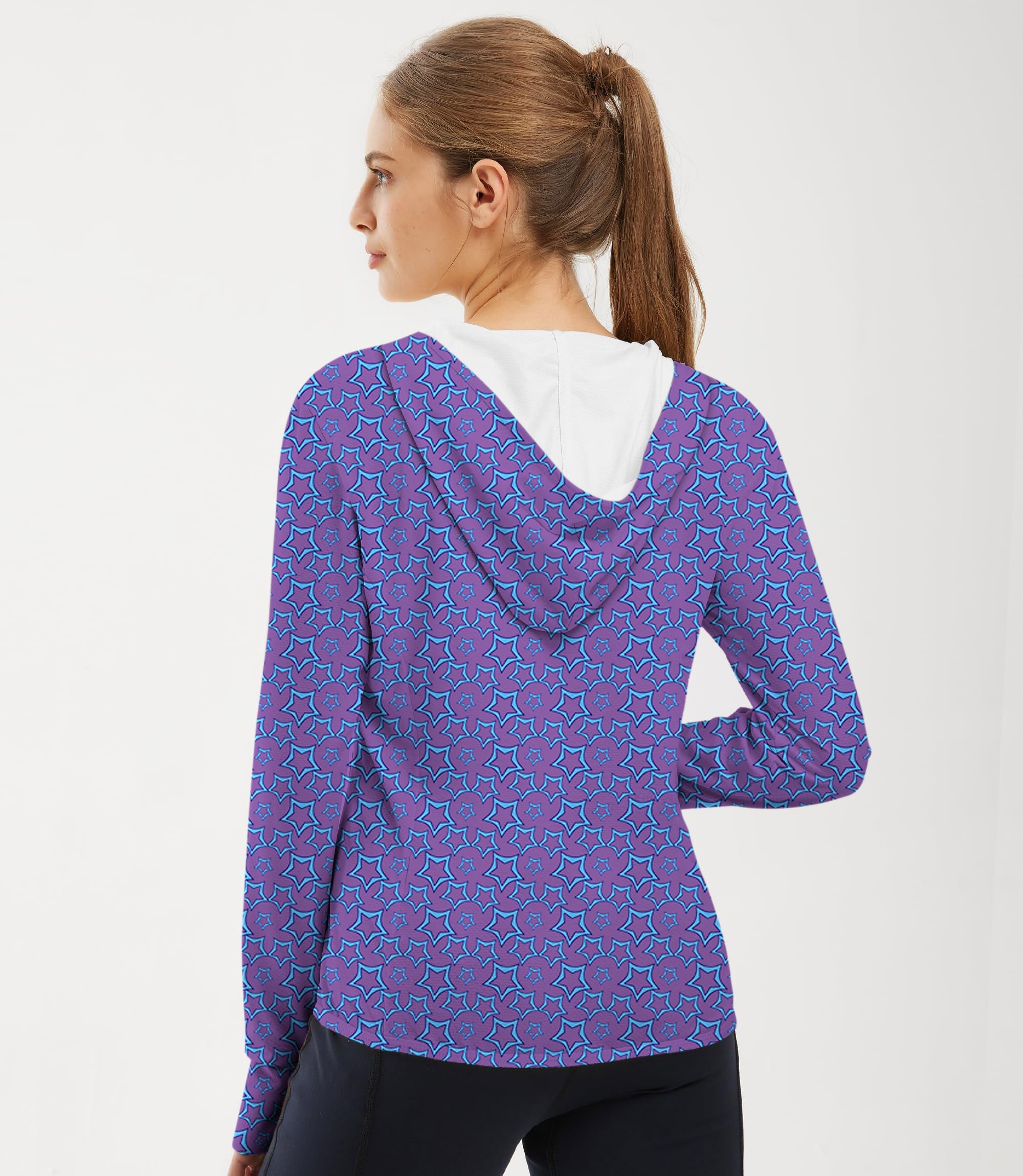 Women's outdoor slim fit blue star sun protection hoodie with UV protection and thumb holes