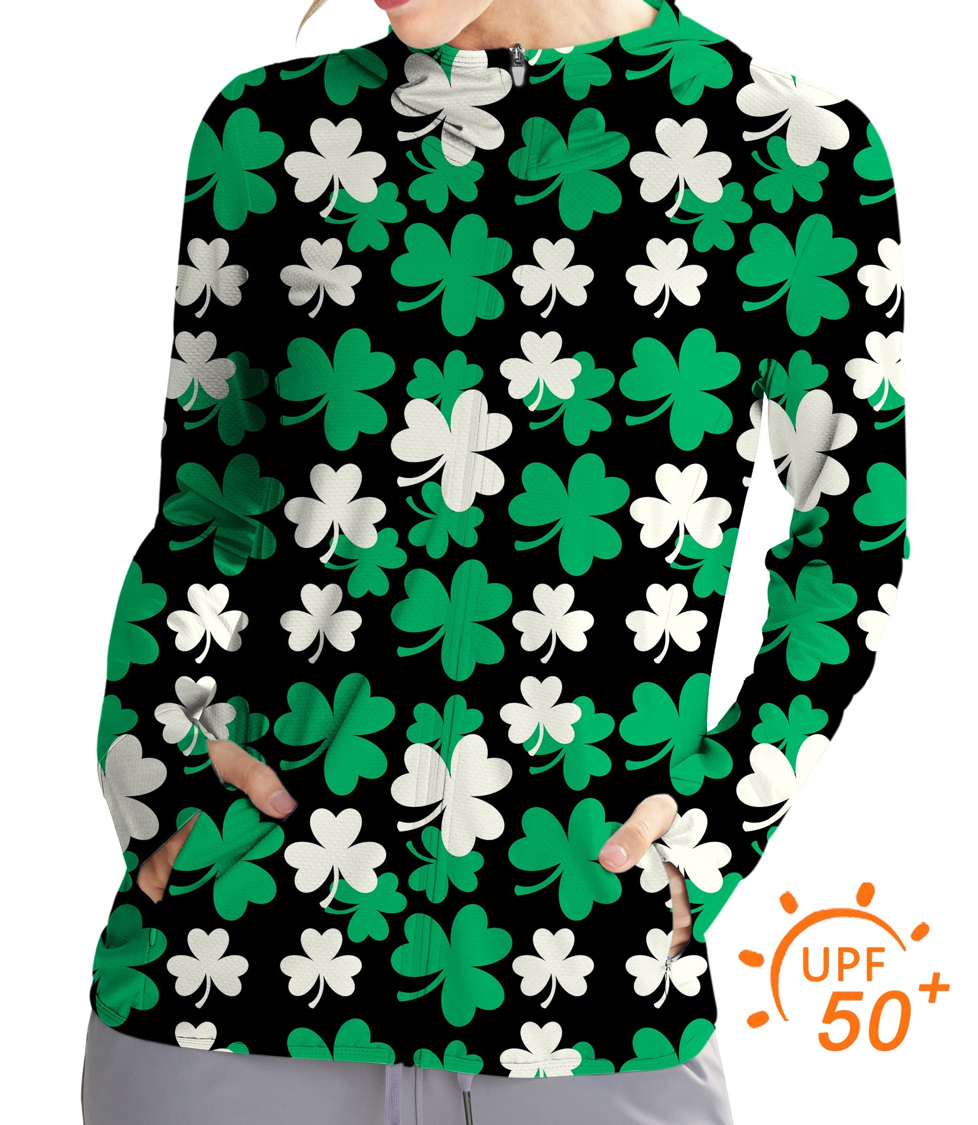 Women's outdoor leaf clover St. Patrick's Day golf sun protection slim fit zip hoodie with UPF 50+ protection