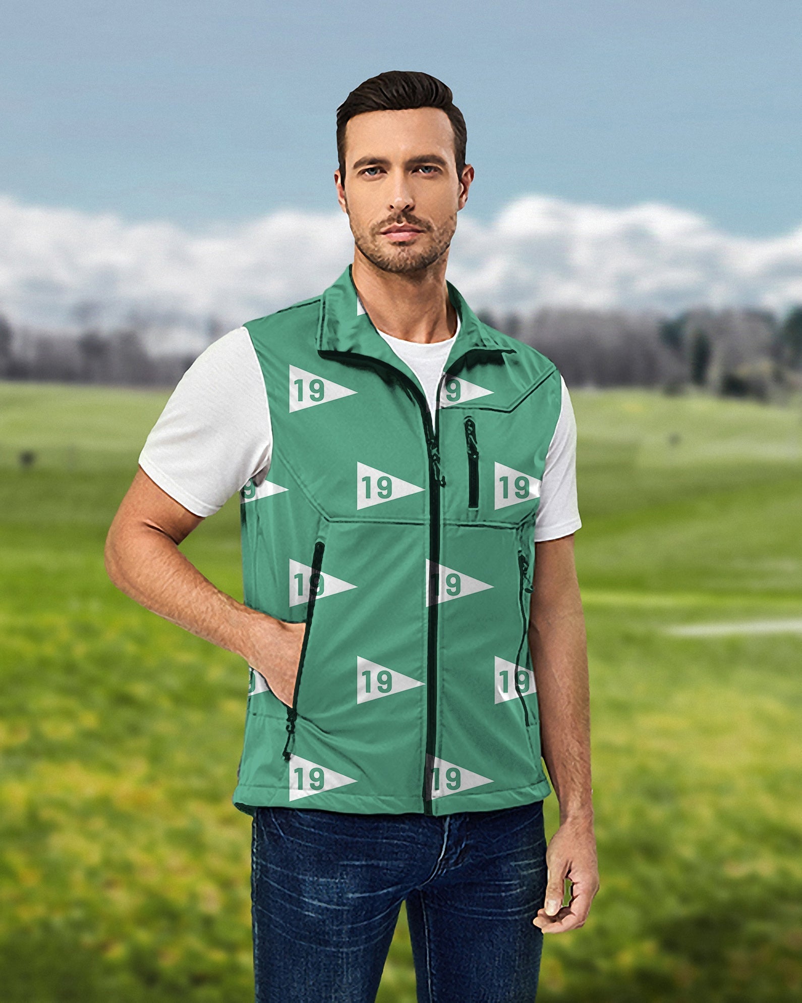 Men's 19th hole-38 green lightweight softshell golf vest with sleeveless design, windproof and waterproof features.