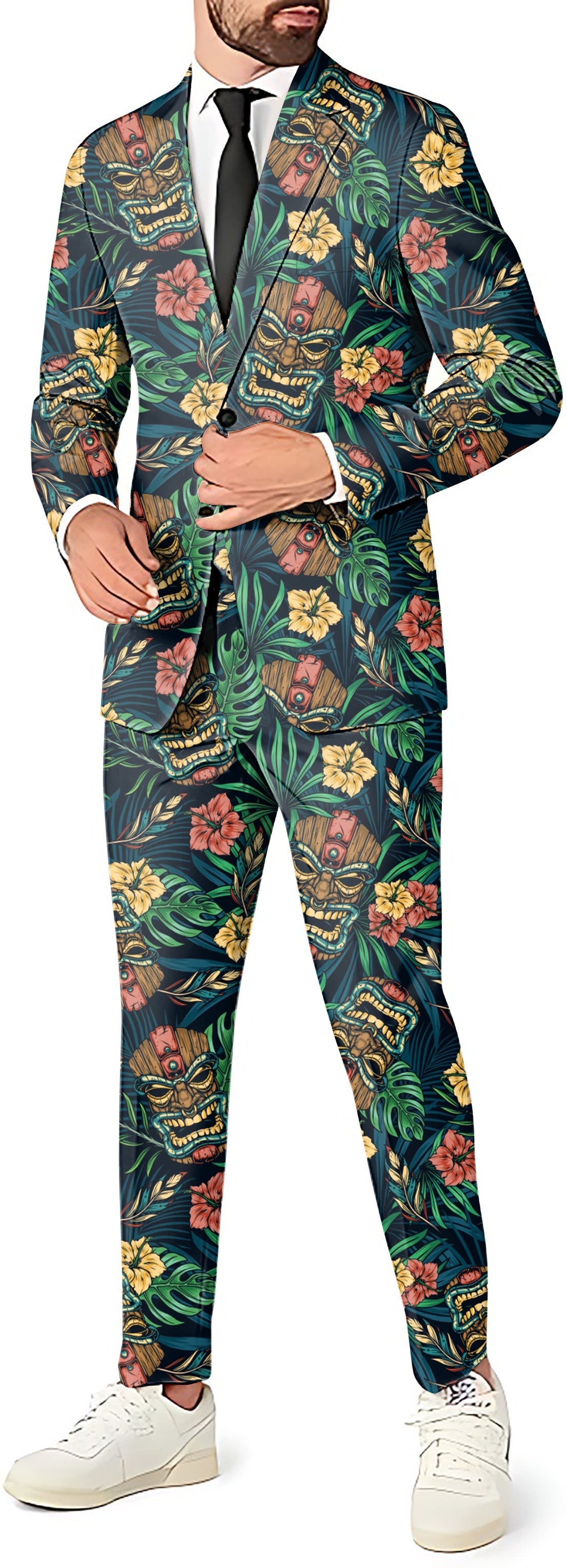 Masked Sacrifice Men's party suit with blazer, vest, and pants in colorful tiki print