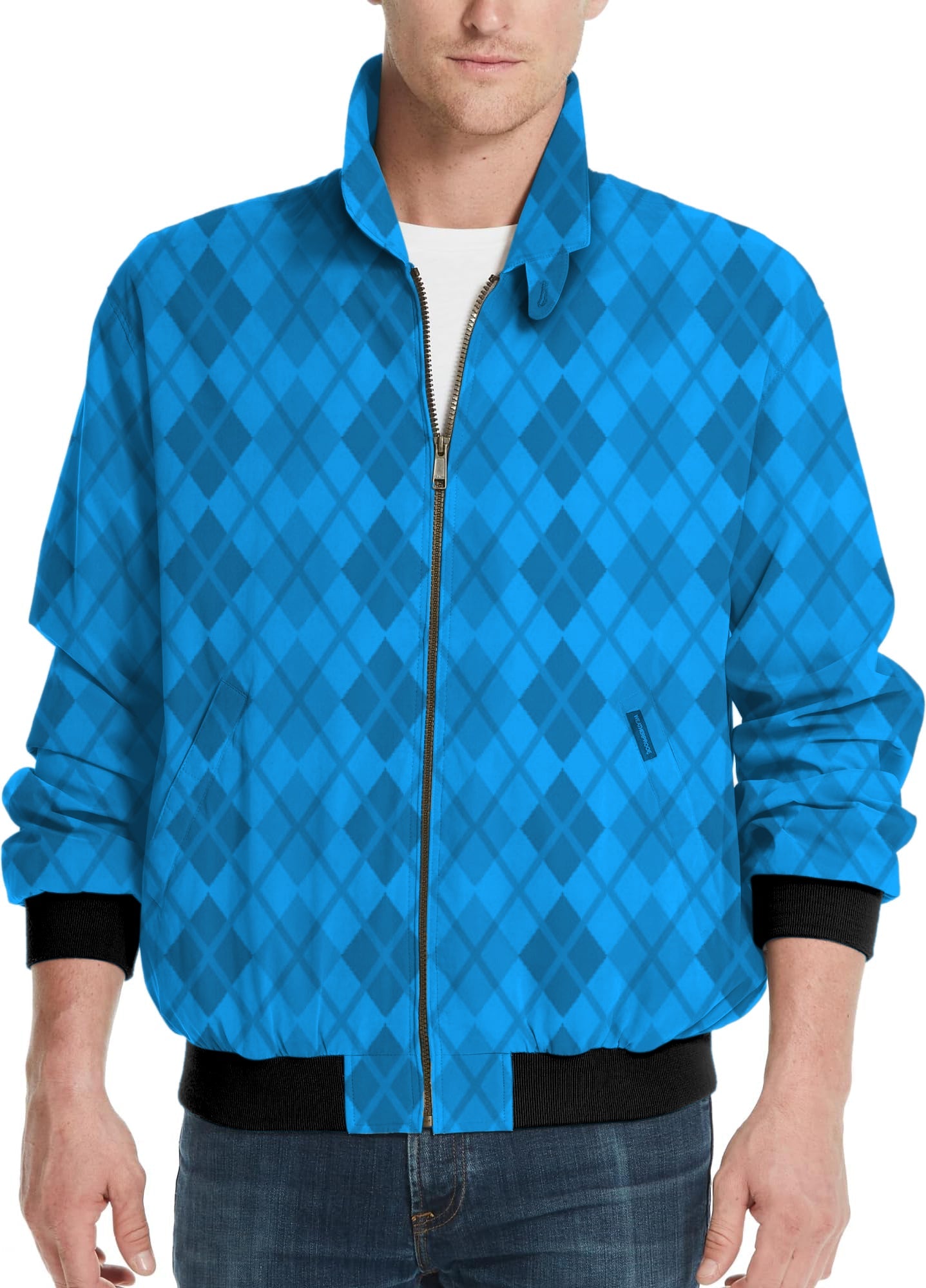 Men's Argyle Blue grid golf windbreaker jacket with full zipper and black cuffs