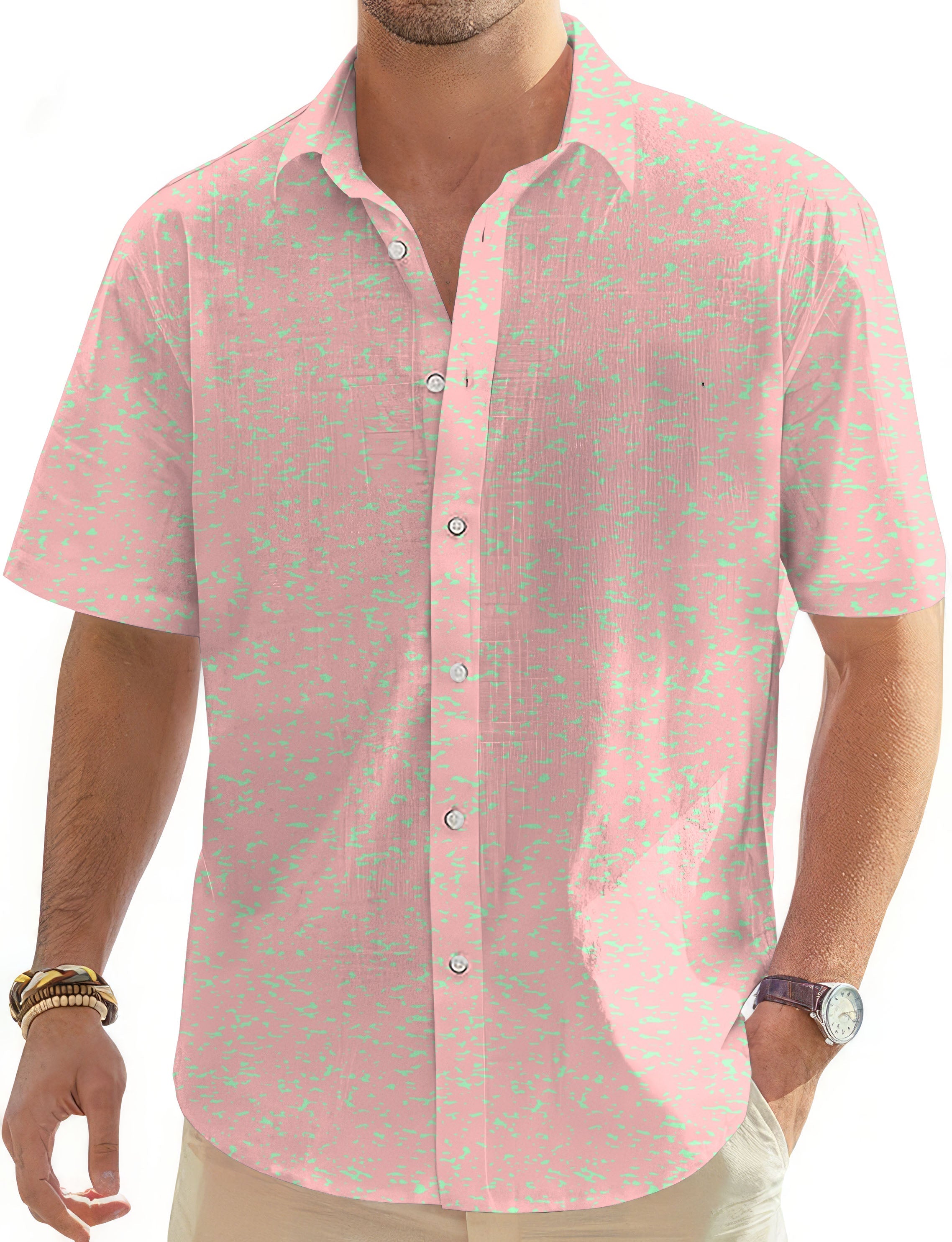 Pastel pink floral button-down men's Hawaiian golf shirt with short sleeves and classic collar