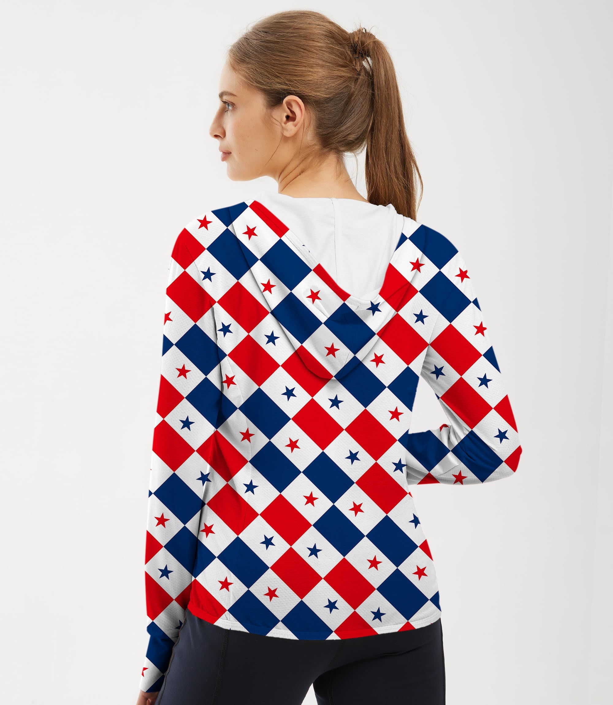Women's Outdoor Argyle US Star flag golf sun protection slim fit zip hoodie with breathable, quick-dry fabric and UPF 50+ UV protection