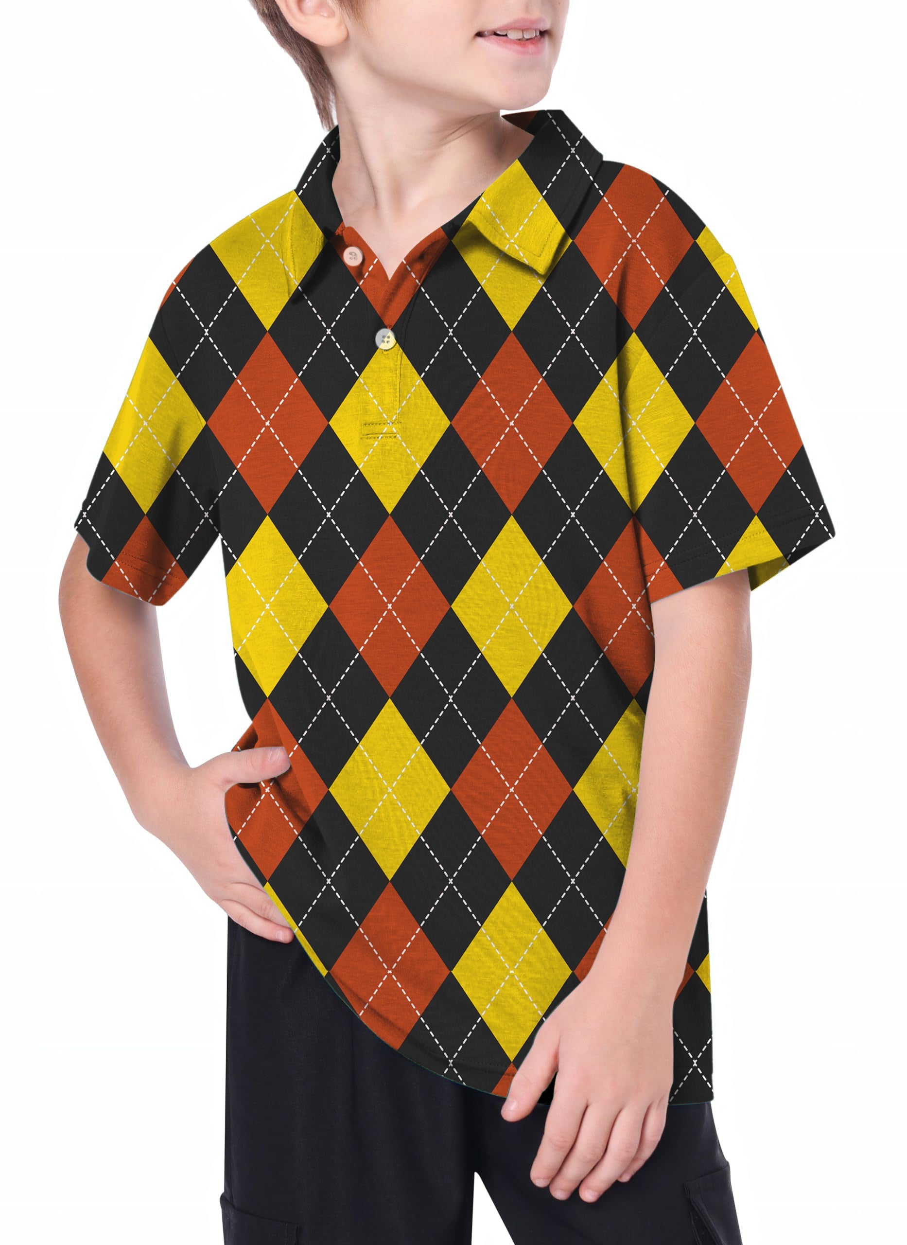 Youth red argyle golf polo with 4-way stretch and moisture-wicking fabric for outdoor youth women's activities