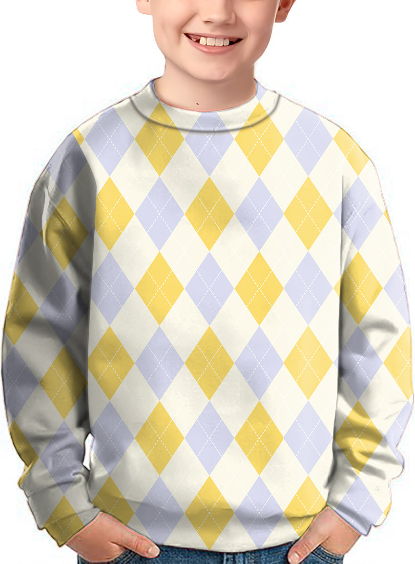 Kid wearing Yollow Argyle crewneck pullover with yellow and white argyle pattern