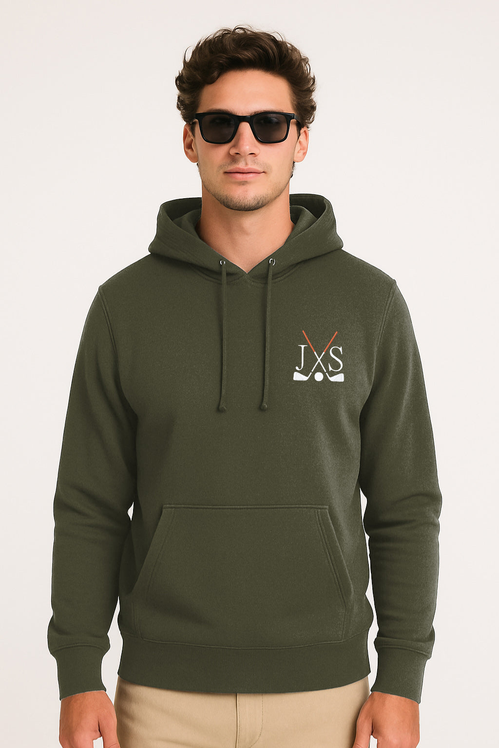 Plus size men's solid color green hoodie with embroidered logo, three-panel hood, rib knit cuffs, and front pouch pocket