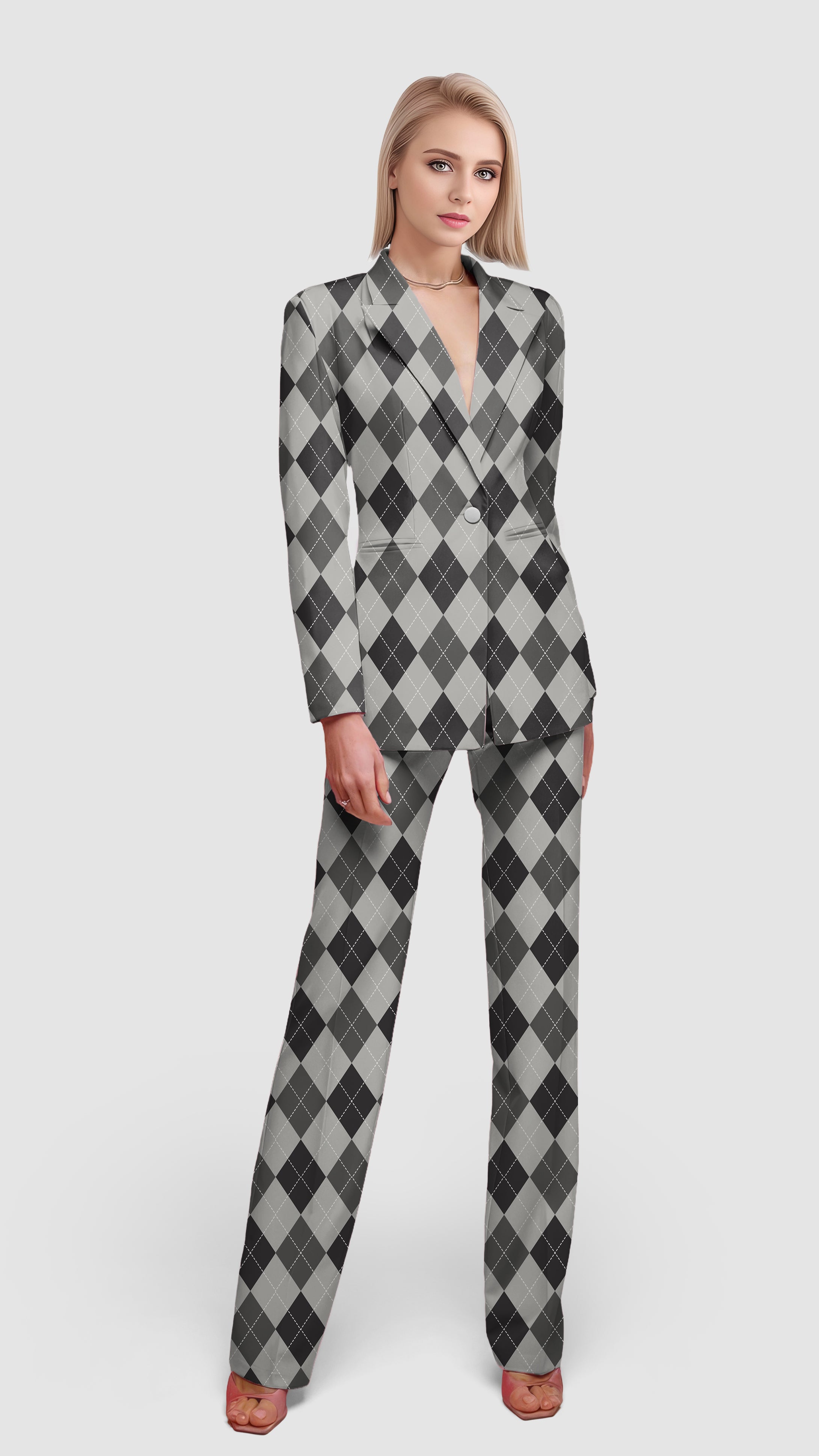 grey Argyle-Women's Blazer Casual Work Office Blazer Suit set