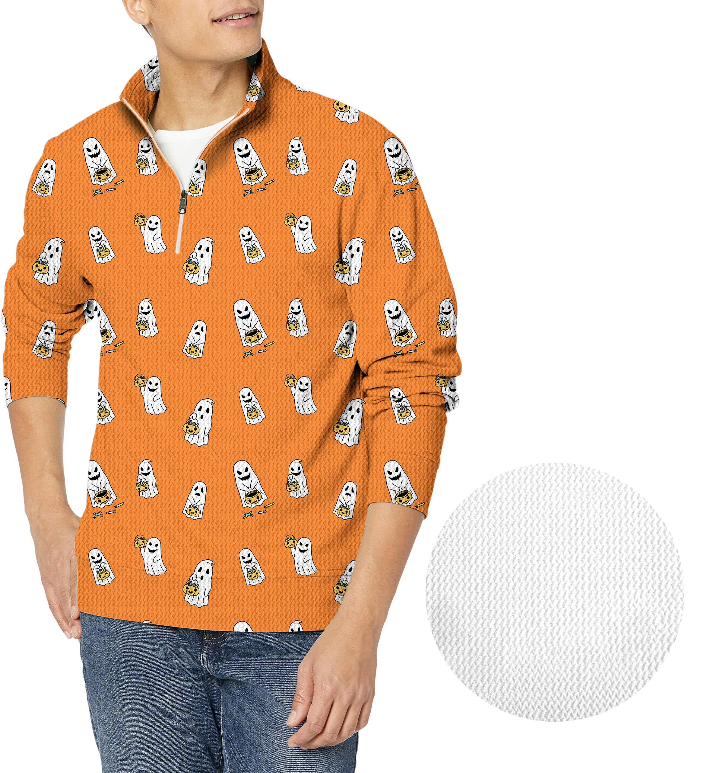 Men's Halloween Ghost Pumpkin Basket golf waffle zipper pullover in orange with ghost and pumpkin patterns