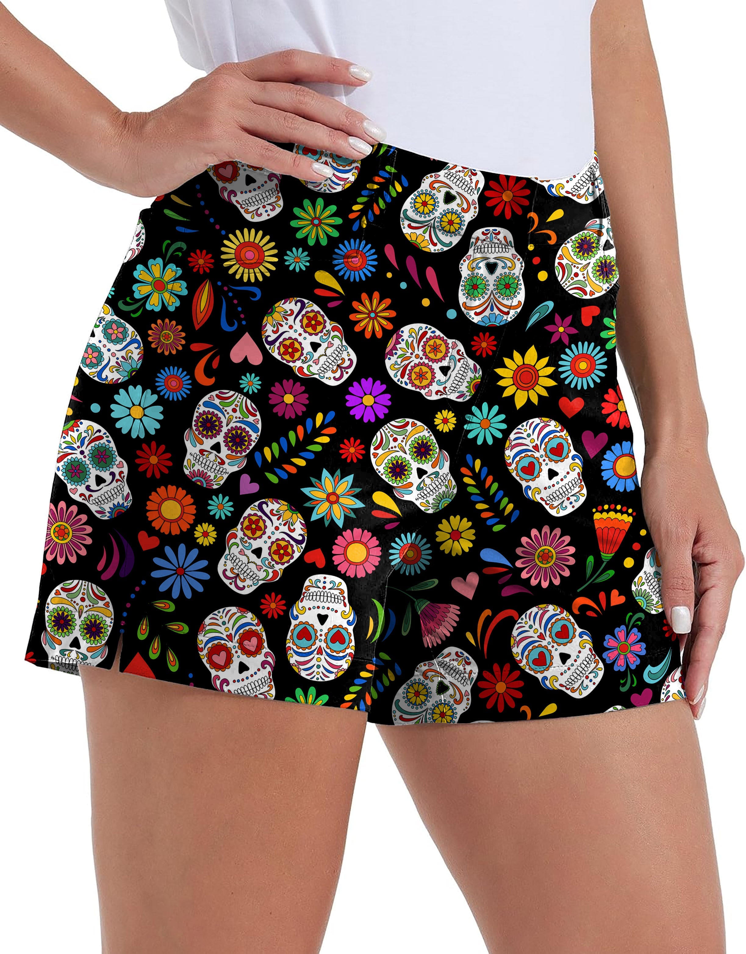 Fiesta Feeling skull women's quick-dry golf shorts with colorful skull and floral pattern and pockets