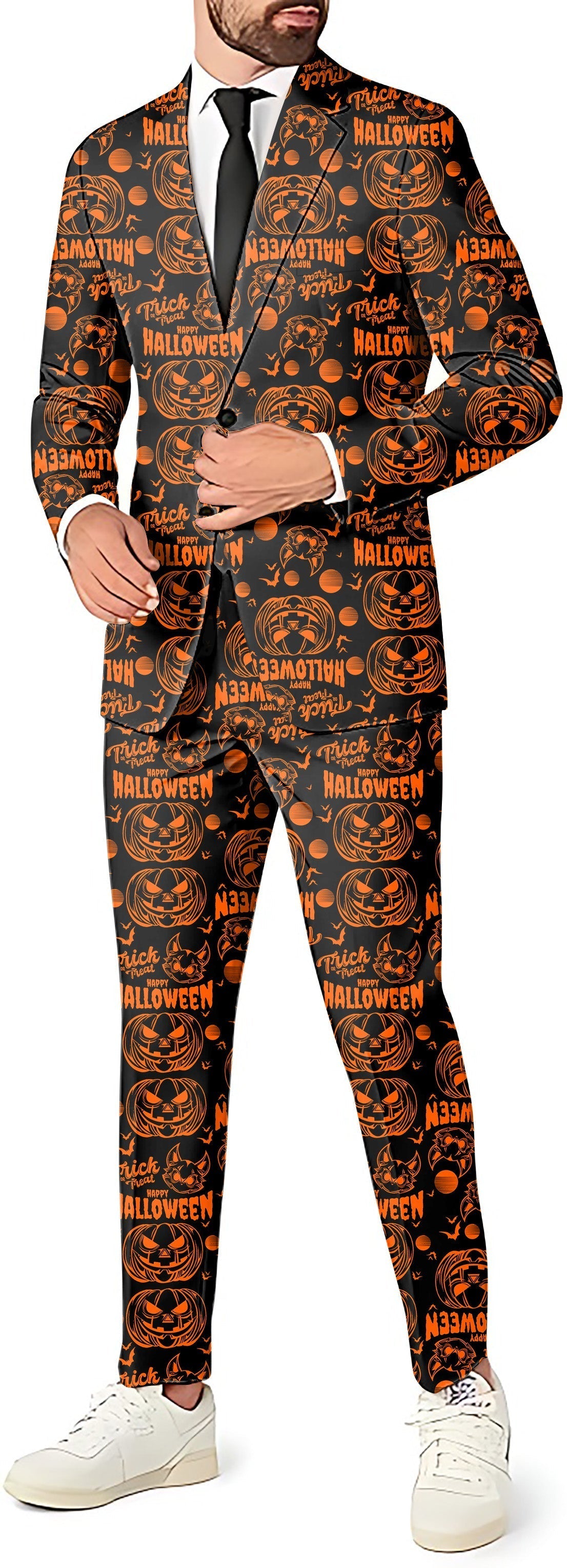 Happy Halloween Pumpkin men's blazer, vest, and pants suit set with Halloween pumpkin design