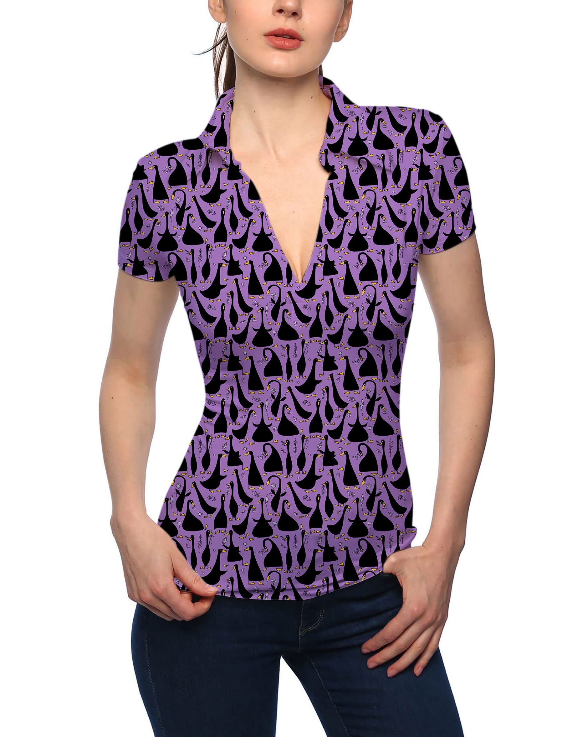 Women's Black Goose Purple V Neck Golf Polo