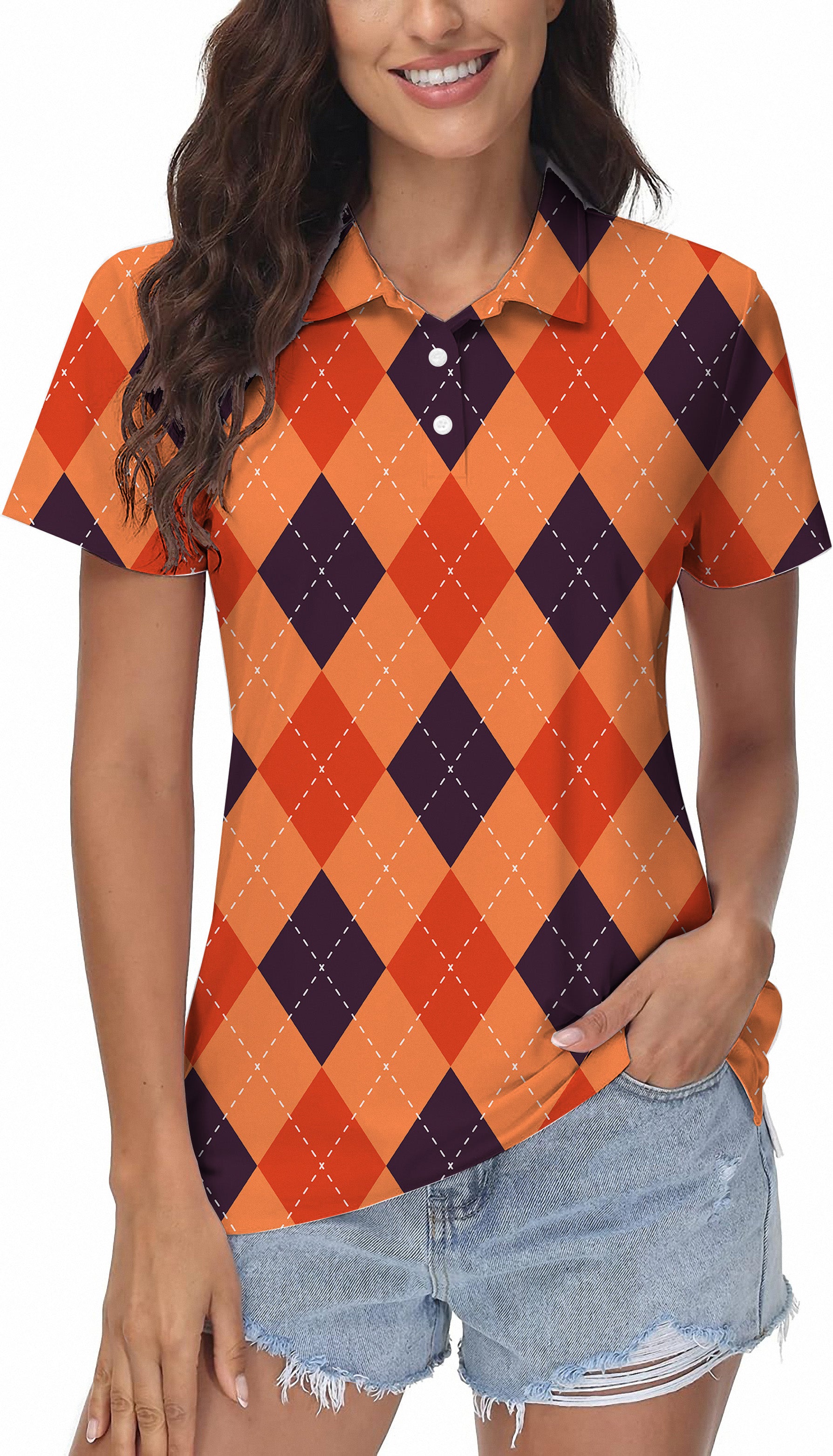 Halloween Black Red Orange Argyle Women's Golf Polo