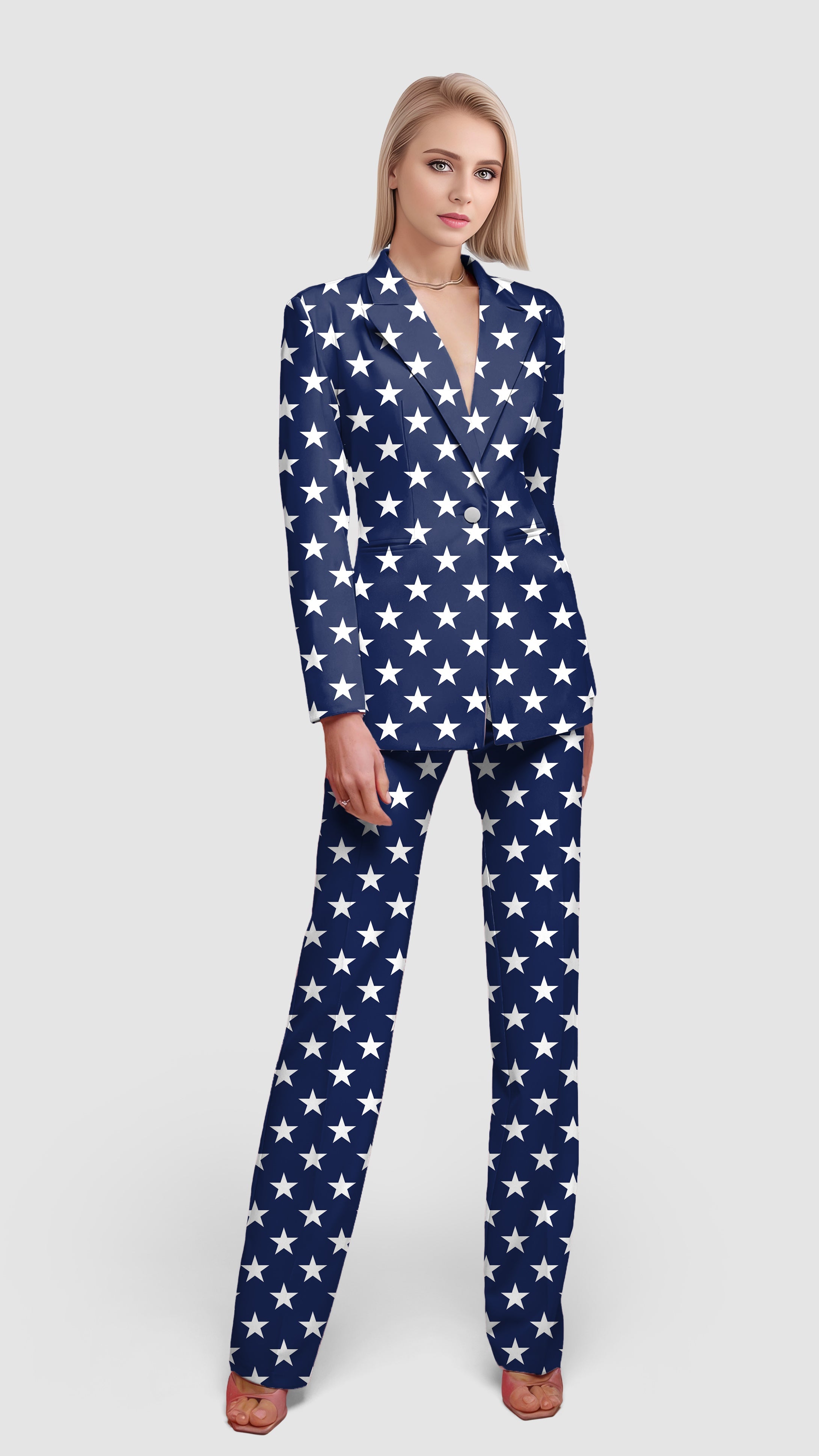 Proud Stars-Women's Blazer with white star print, casual office suit set, single button, flap pockets, tailored fit.