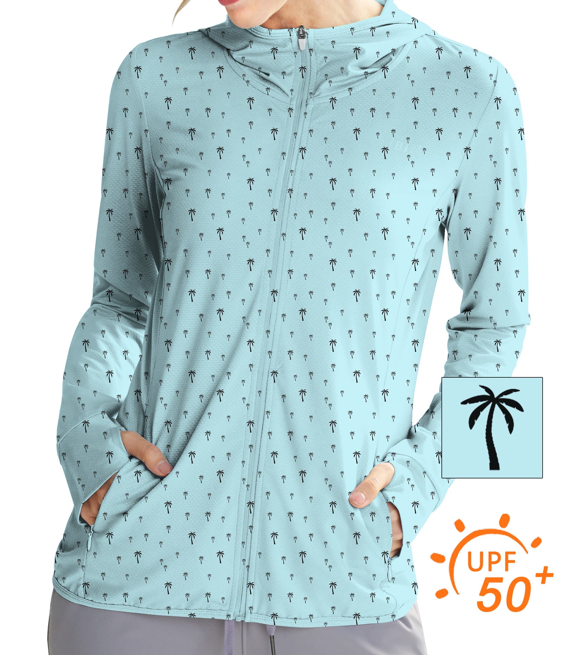 Women's light blue golf hoodie with palm print and UPF 50+ sun protection for outdoor activities