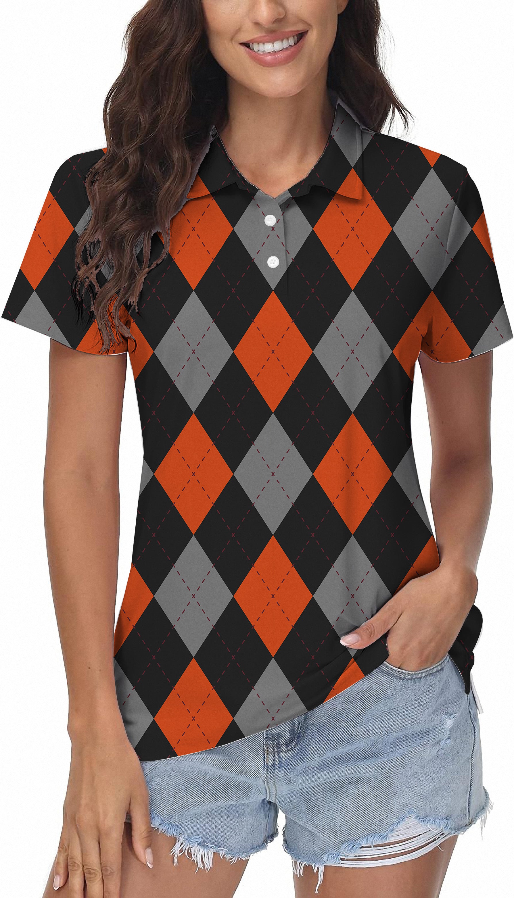 Halloween black red argyle women's golf polo shirt with four-way stretch and moisture-wicking fabric