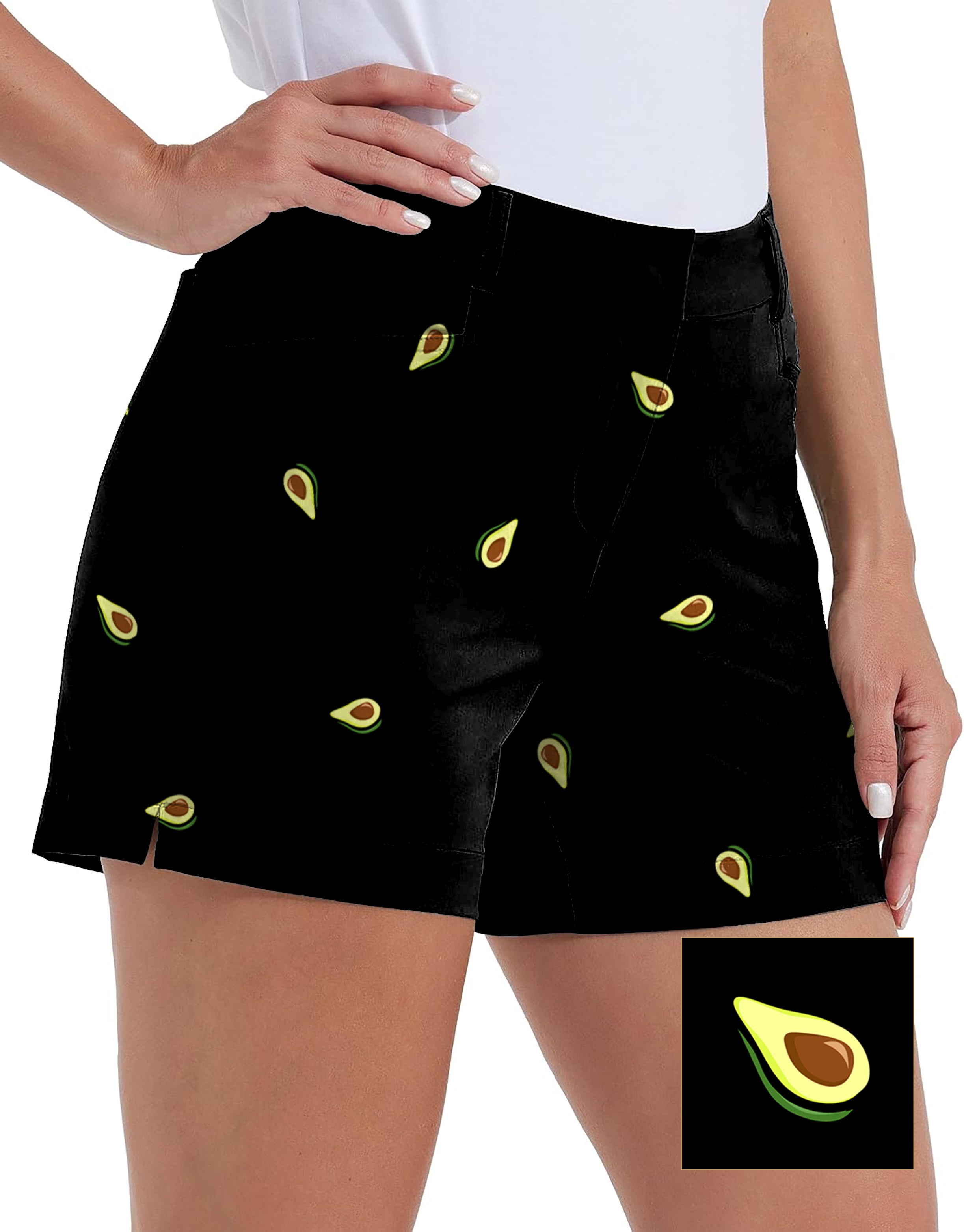 Women's black golf shorts with avocado print, quick-drying and waterproof, casual outdoor wear with pockets