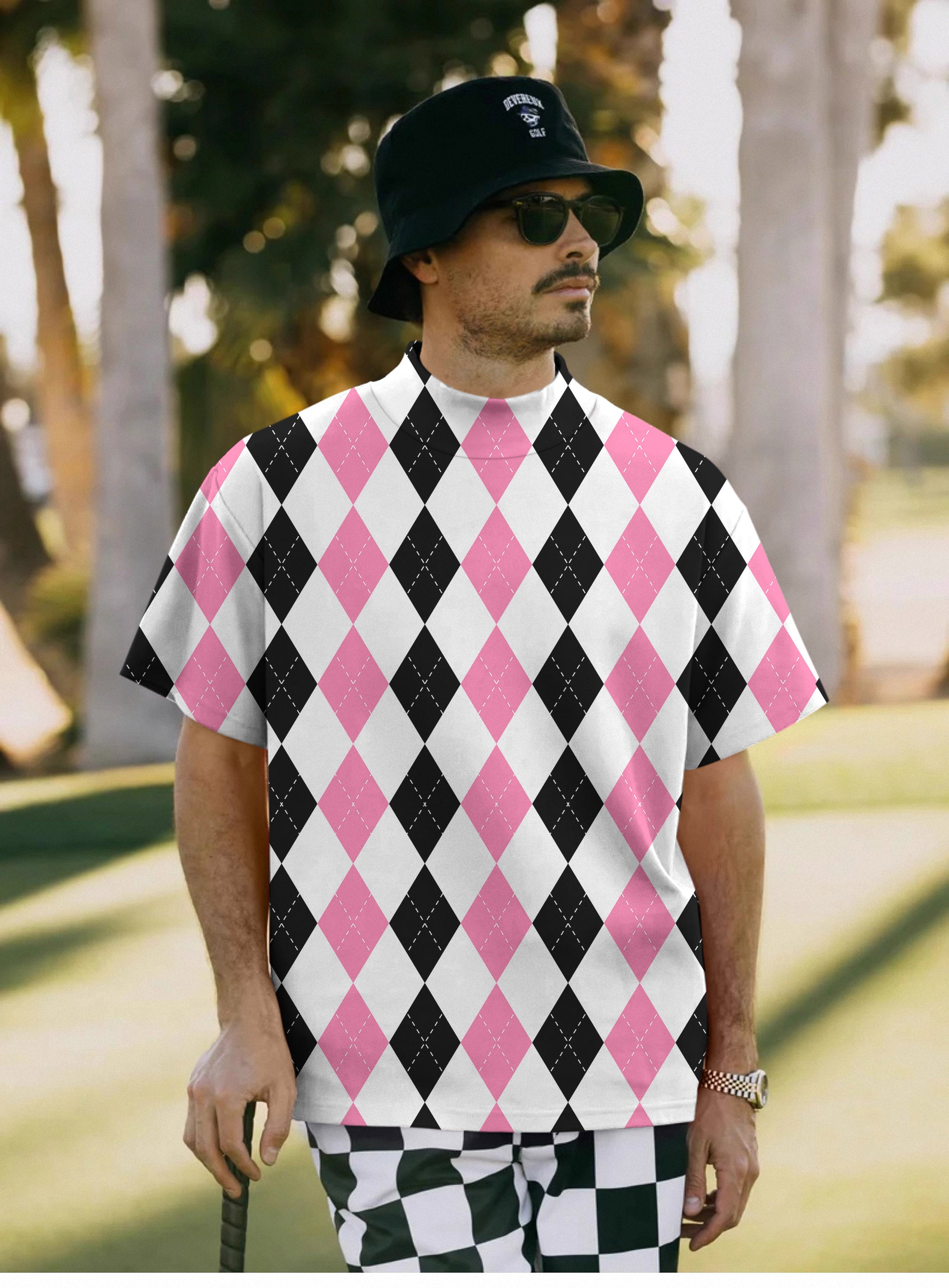 Men's pink black argyle Pullover High neck Long/Short sleeve T-Shirt