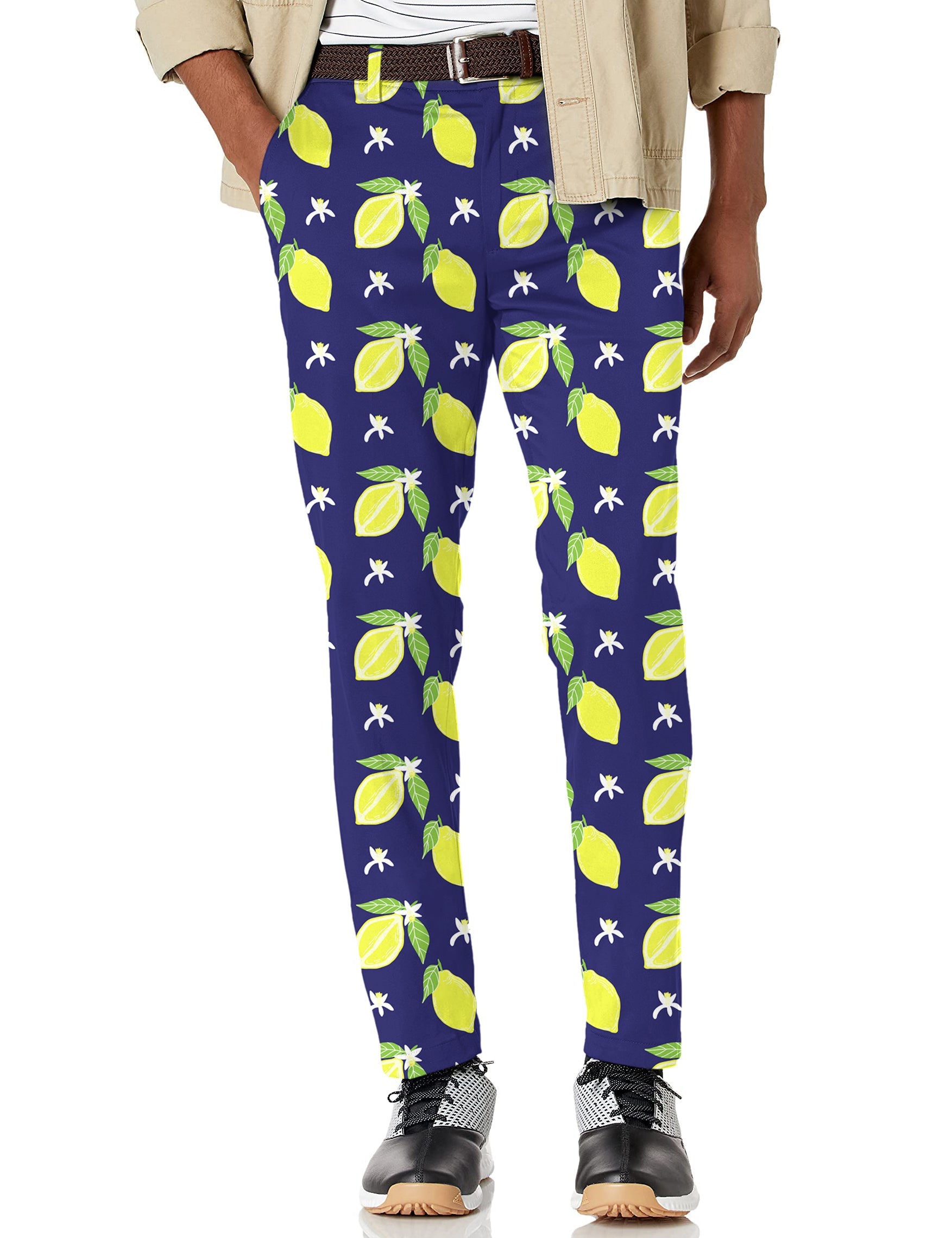 Men's Zesty lemon stretch golf pants with lemon print on navy background, lightweight and moisture-wicking fabric for performance and comfort