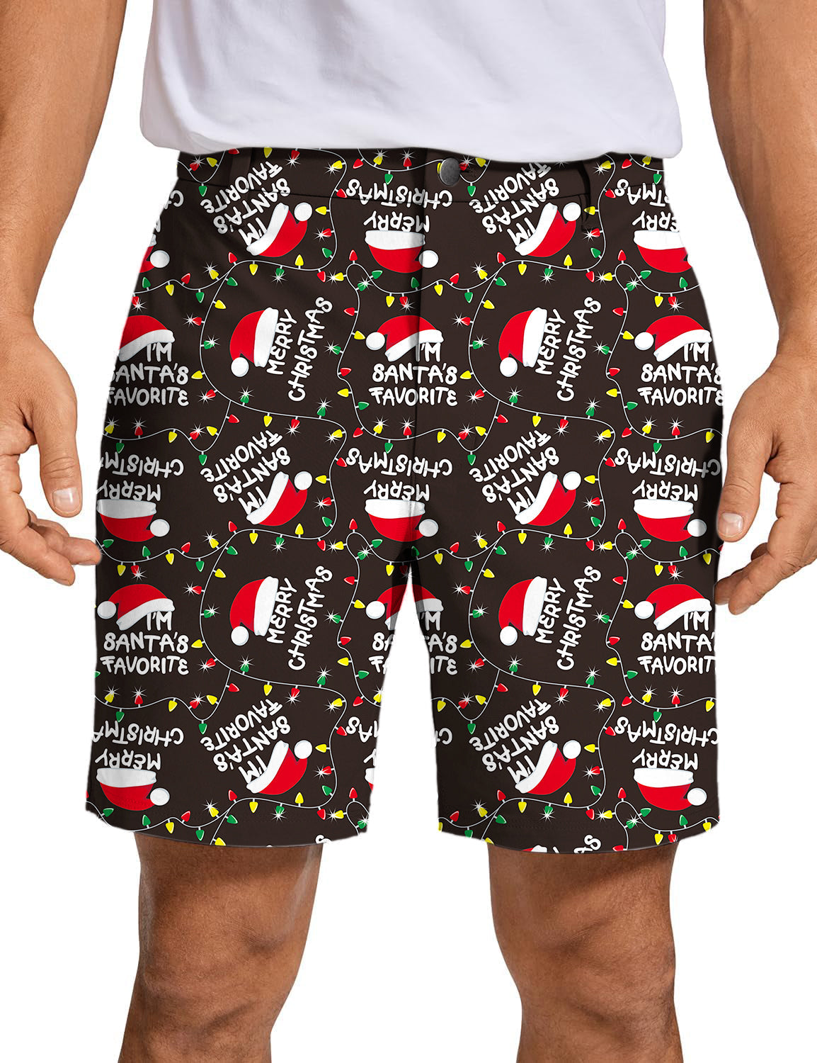 Men's Merry Christmas golf shorts with festive Santa hat and lights pattern, quick-dry breathable fabric, two-way stretch, wrinkle-free design