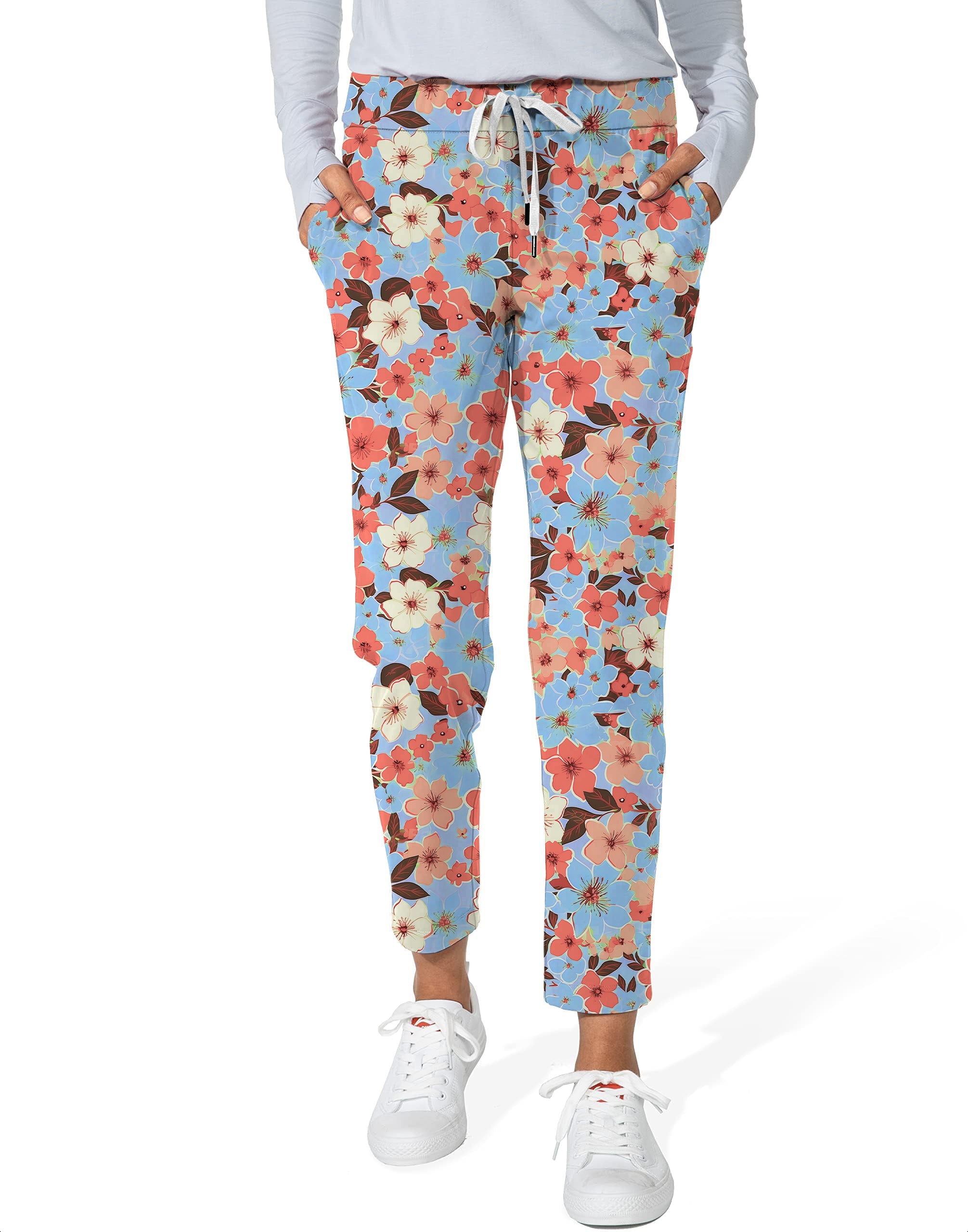 Women's 7/8 stretch ankle golf pants with light tropical flowers pattern