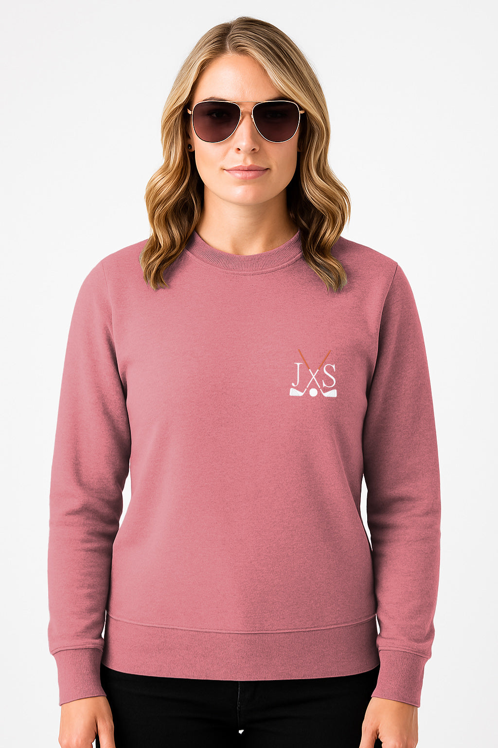 Plus size hot pink embroidery solid color crew neck sweatshirt with golf club and initials design