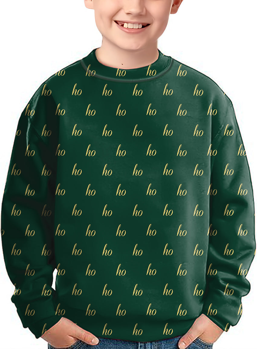 Dark green custom name Christmas crewneck pullover for kids with ho ho pattern