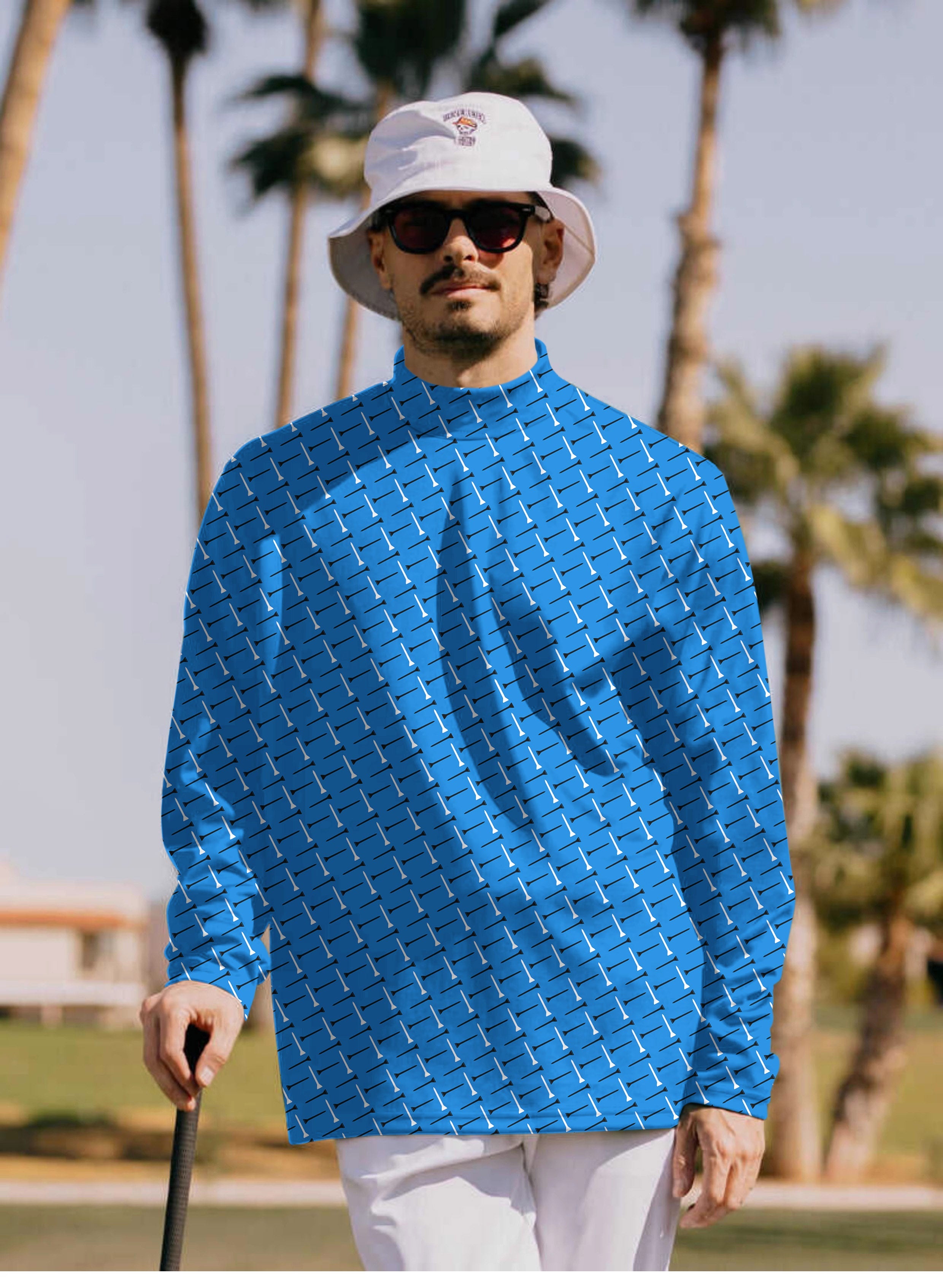 Men's custom high neck pullover long sleeve shirt with blue background color pattern