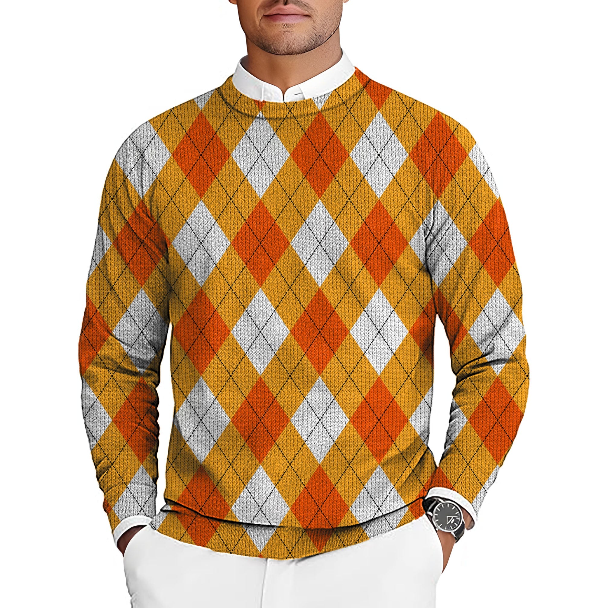 Men's Halloween Cross orange and white argyle golf crewneck pullover sweater