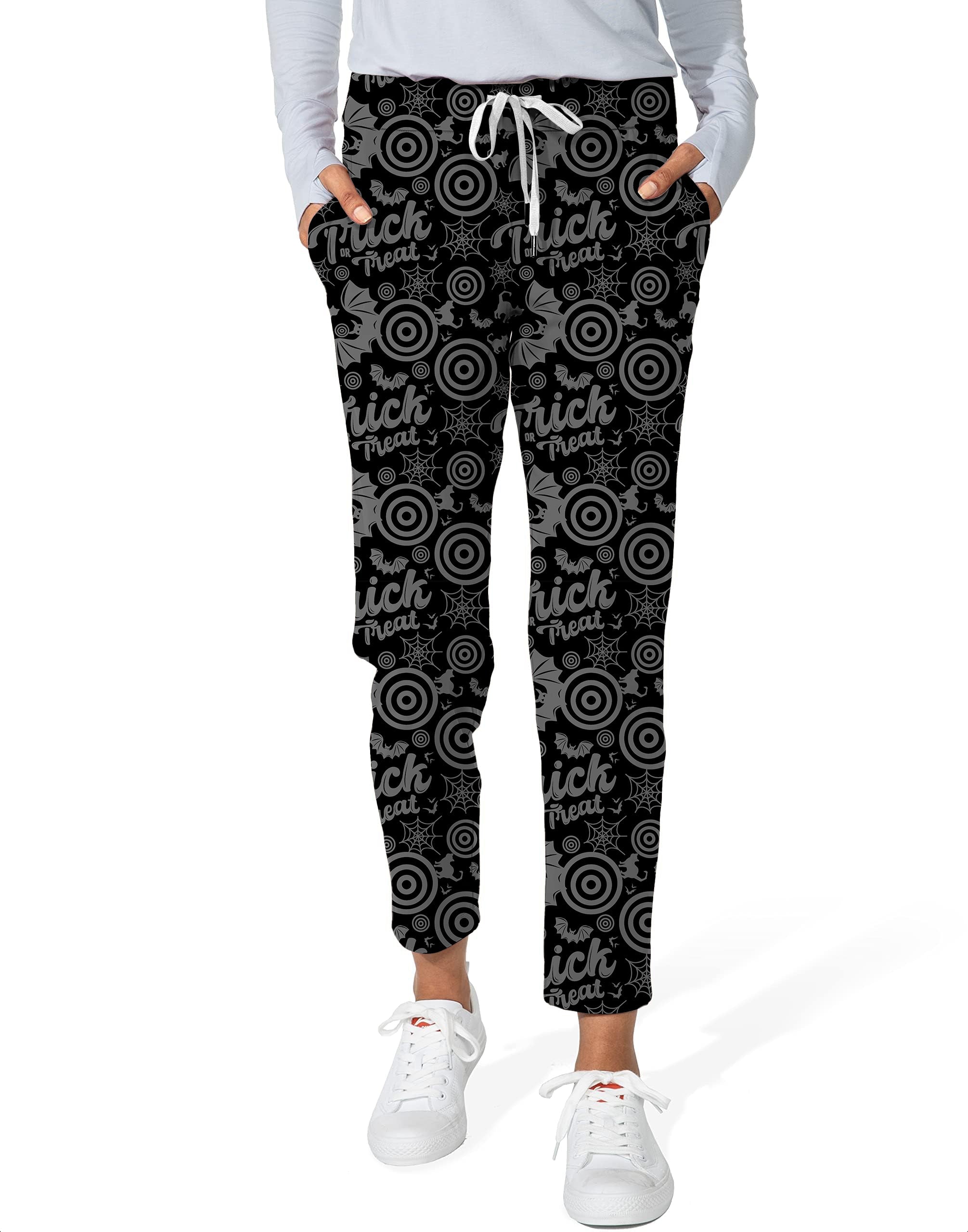Women's Halloween Circle Bat Cat 7/8 stretch ankle golf pants with trick or treat design